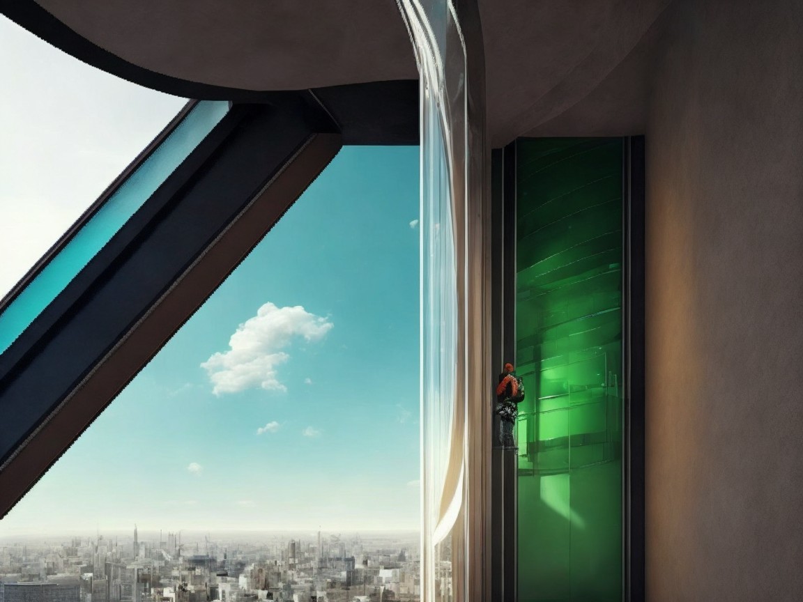Futuristic Skyscraper with Glass Facade and Climber