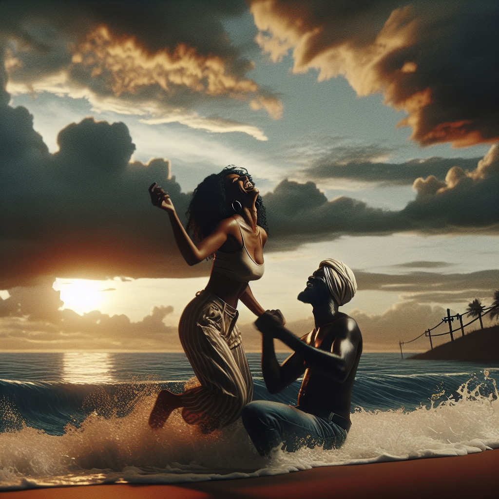 Couple Playing in Surf at Sunset with Dramatic Clouds