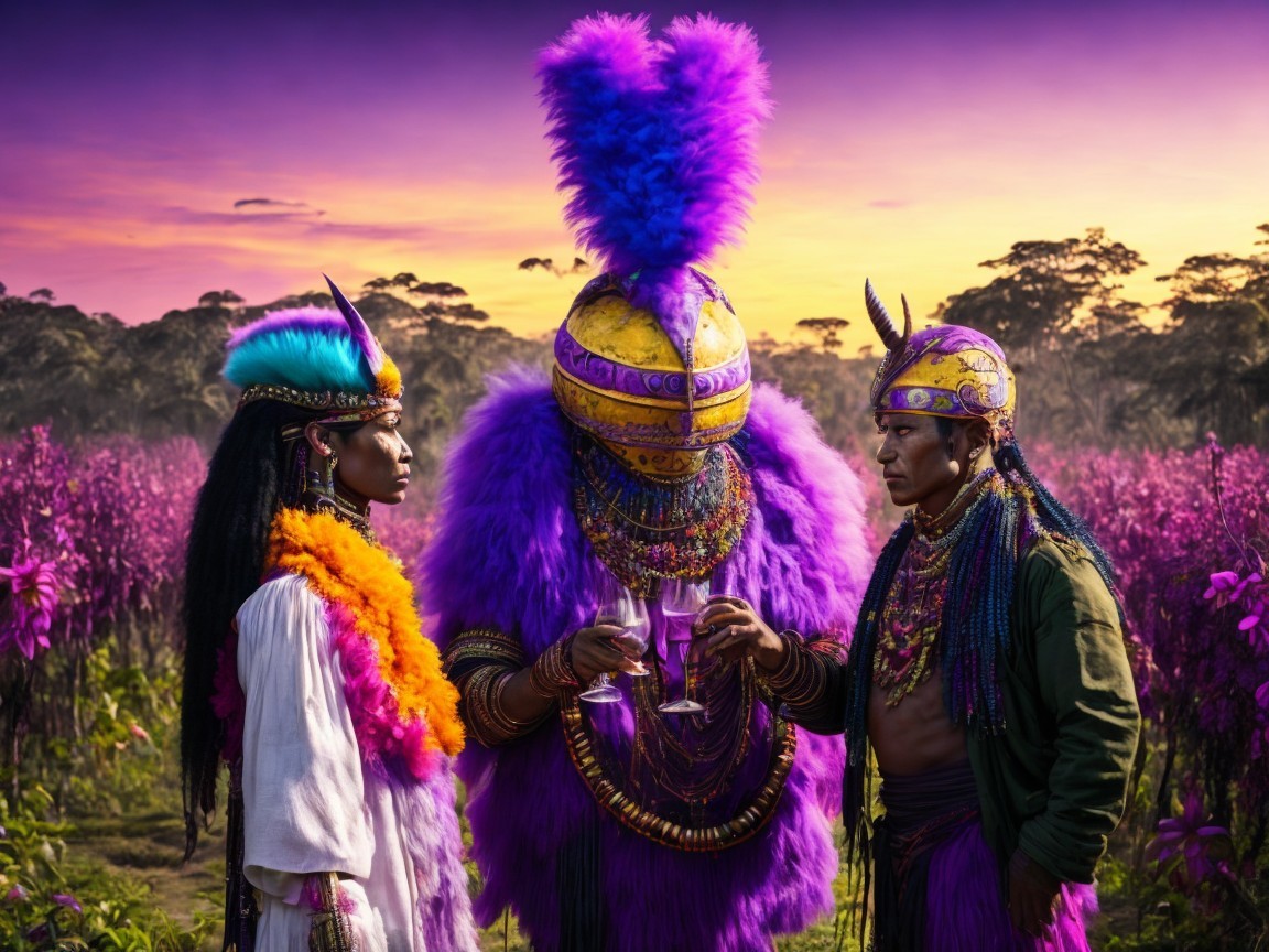 Ceremonial Gathering in a Flower-Filled Landscape