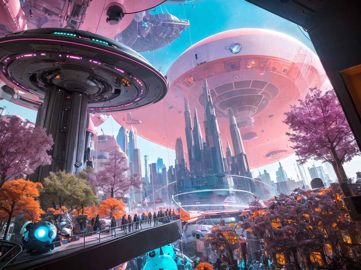 Futuristic cityscape with skyscrapers and spacecraft