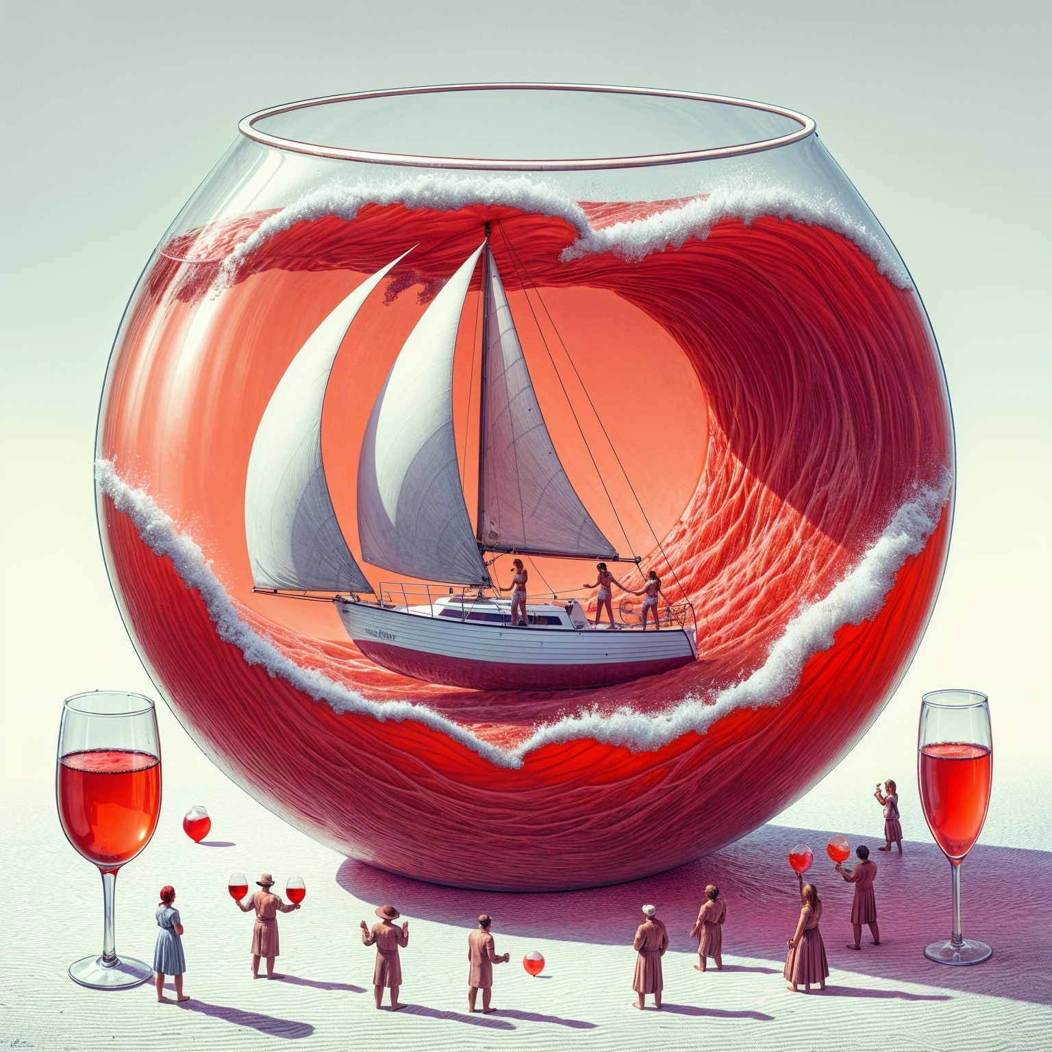 Surreal Scene of Fishbowl with Sailboat and Celebration