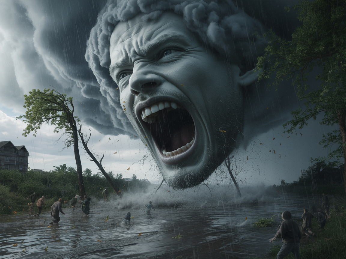 Surreal Scene of a Giant Head Amidst Stormy Chaos