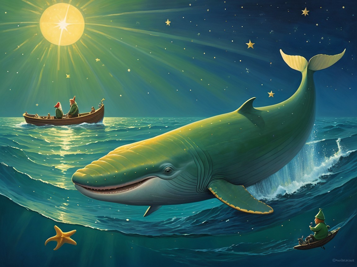 Whimsical Night Scene with Whale and Starry Sky