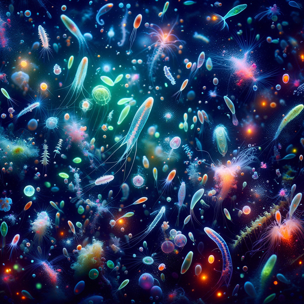 Vibrant Underwater Scene with Microscopic Life Forms
