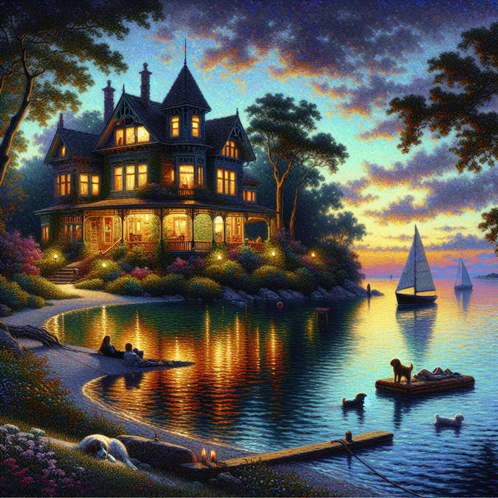 Charming Mansion by Tranquil Lake at Dusk