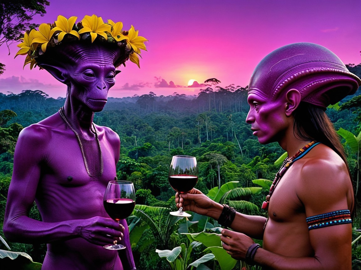 Surreal Sunset Scene with Two Unique Beings