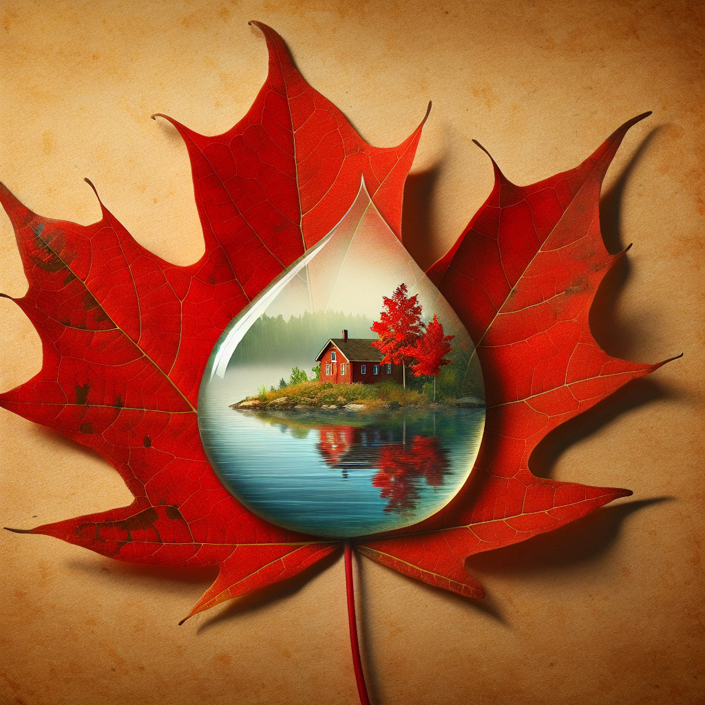Red Maple Leaf with Cottage Reflection in Dewdrop