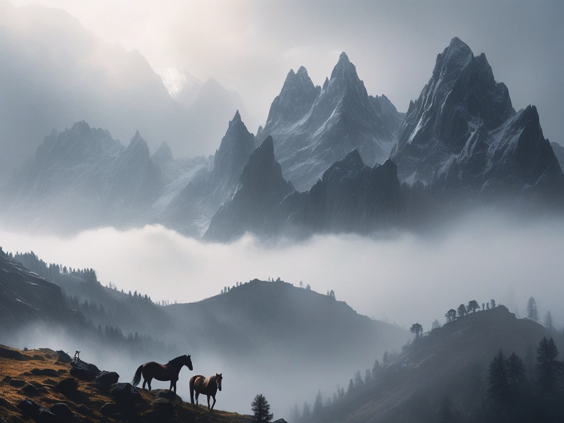 Horses Silhouetted Against Misty Mountain Landscape