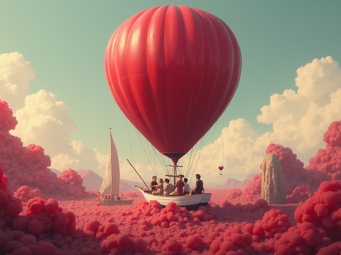 Red Hot Air Balloon Over Pink Bubble Mounds