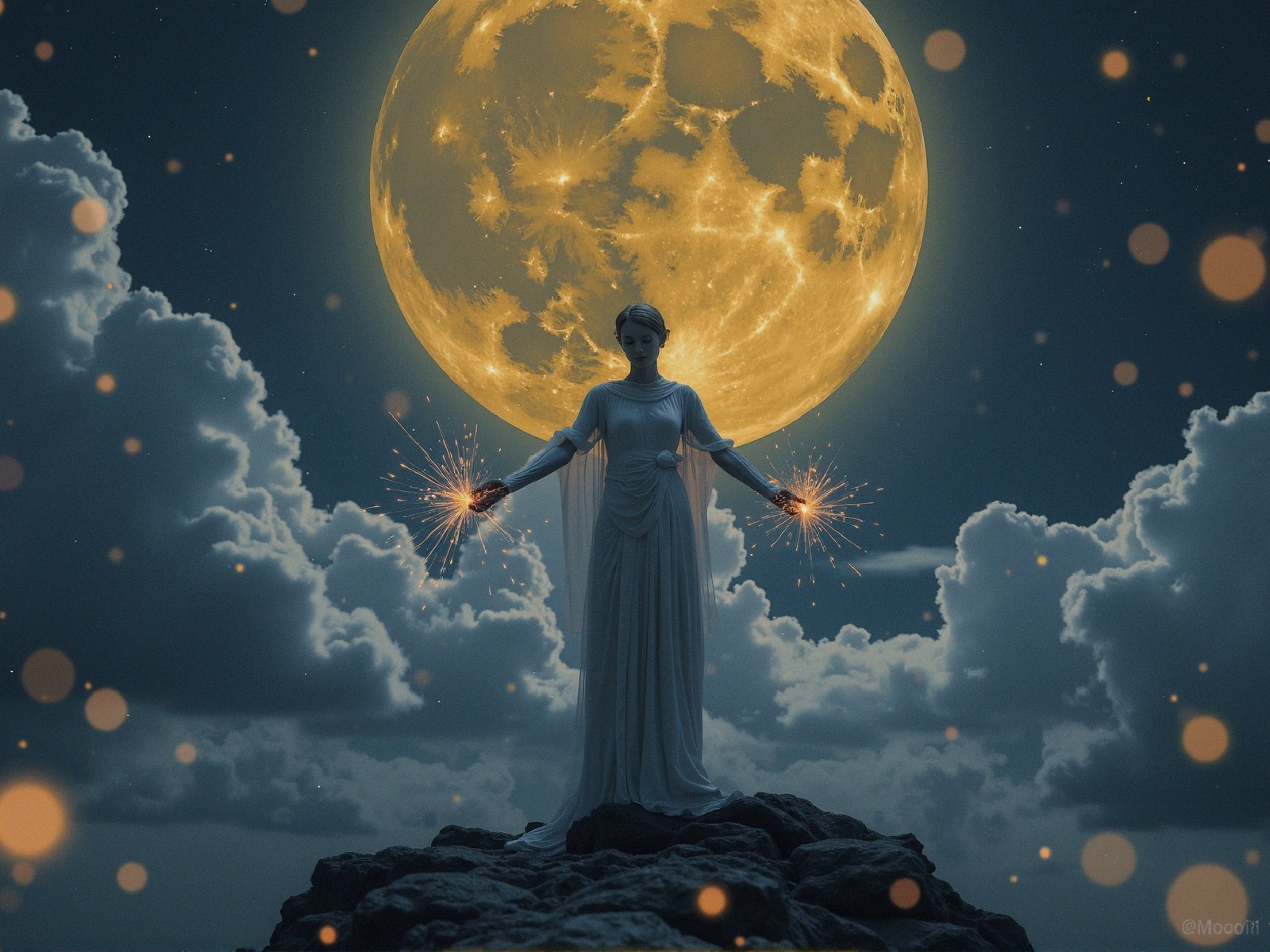 Serene figure in white fabric under glowing full moon
