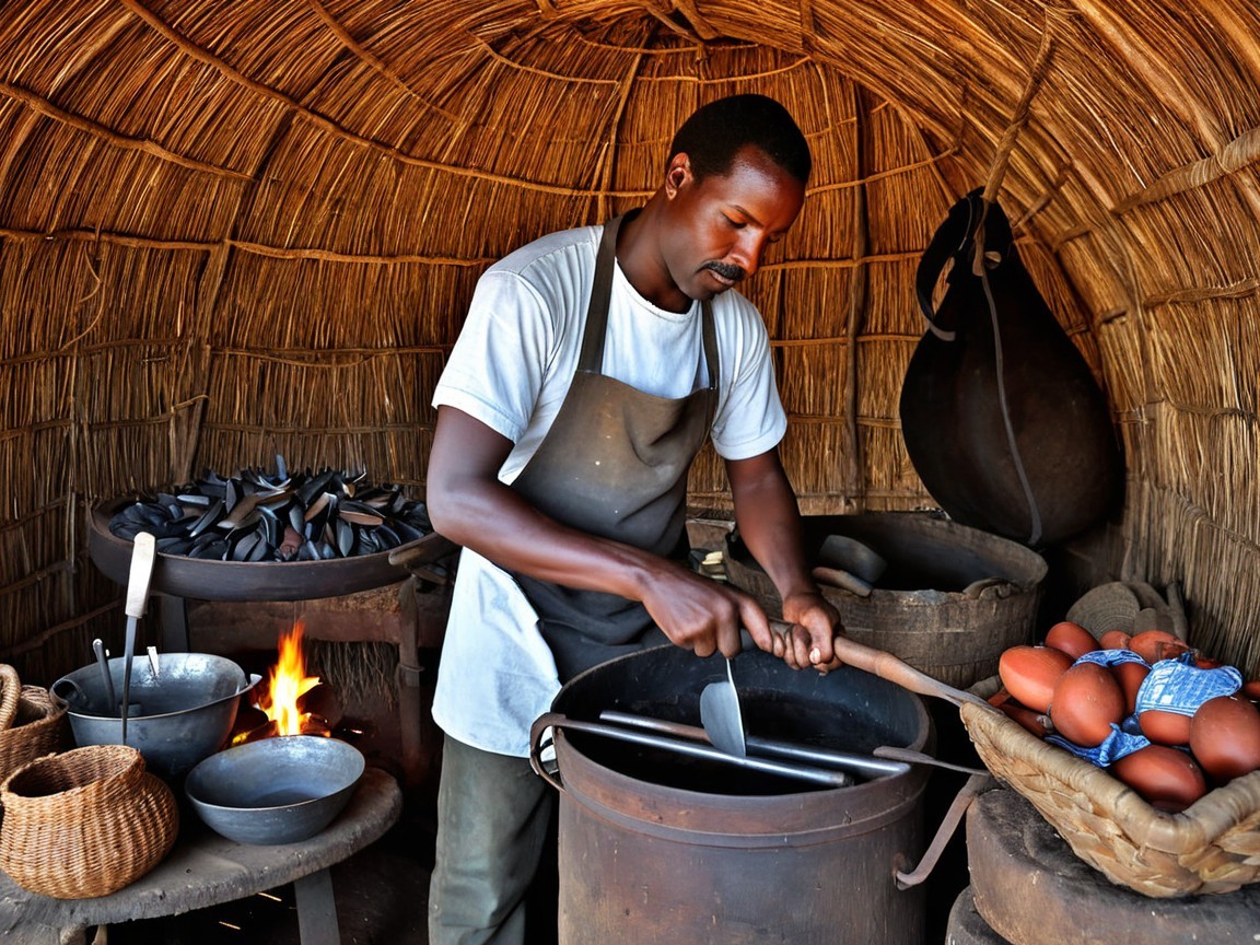 Man Cooking in Rustic Straw and Wood Kitchen