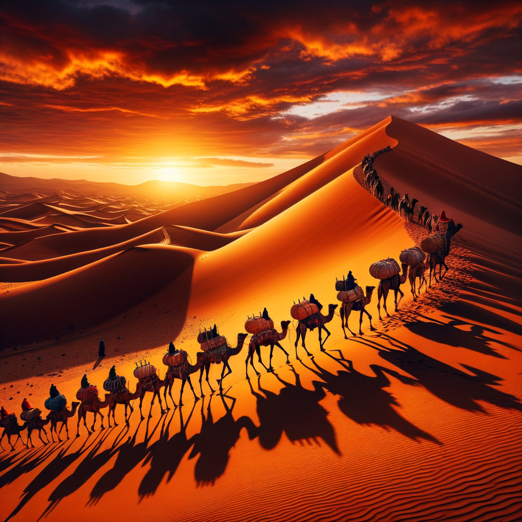 Camels Climbing Sand Dune at Sunset in Desert