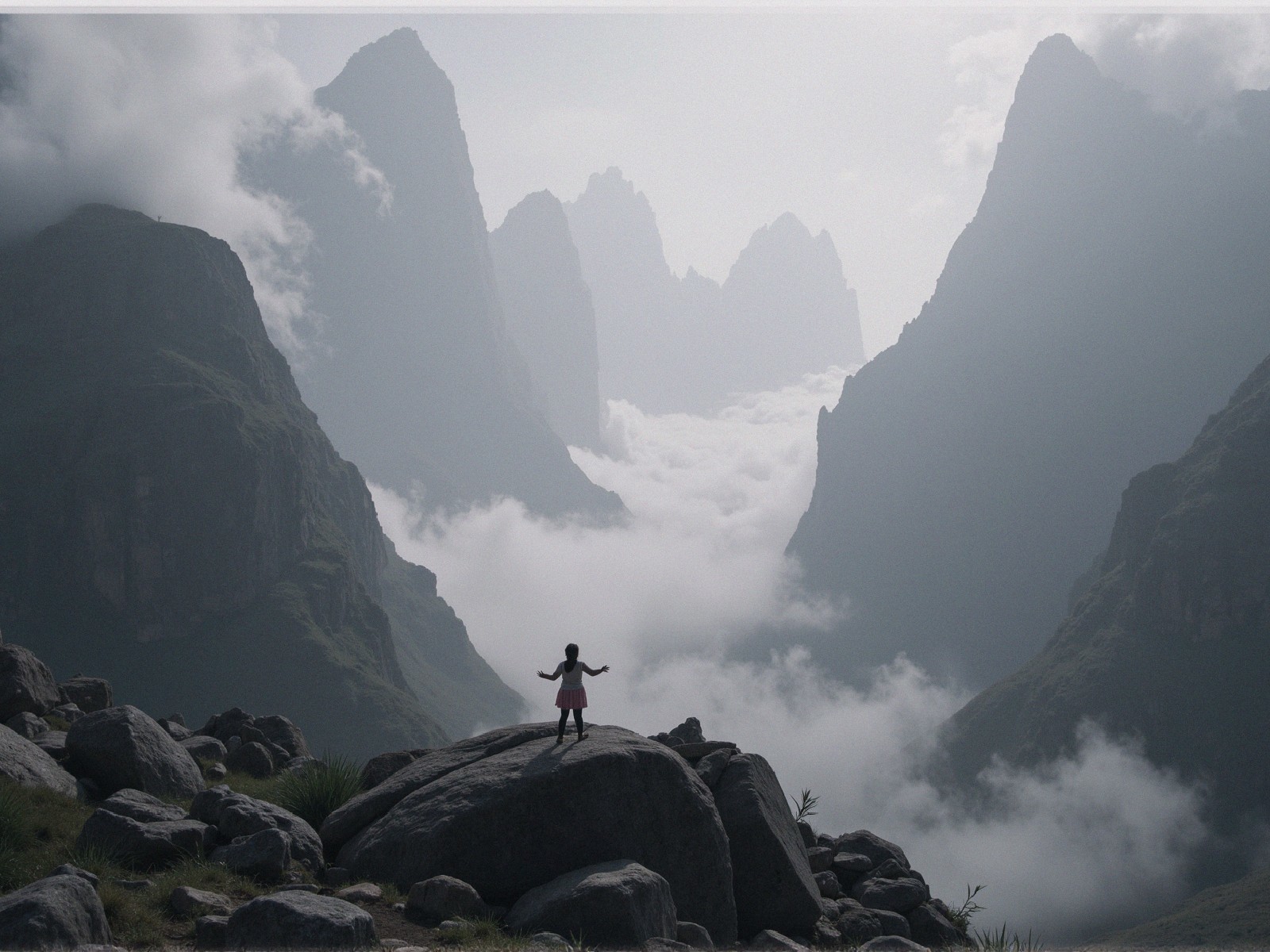 Child on Rock in Majestic Mountain Landscape