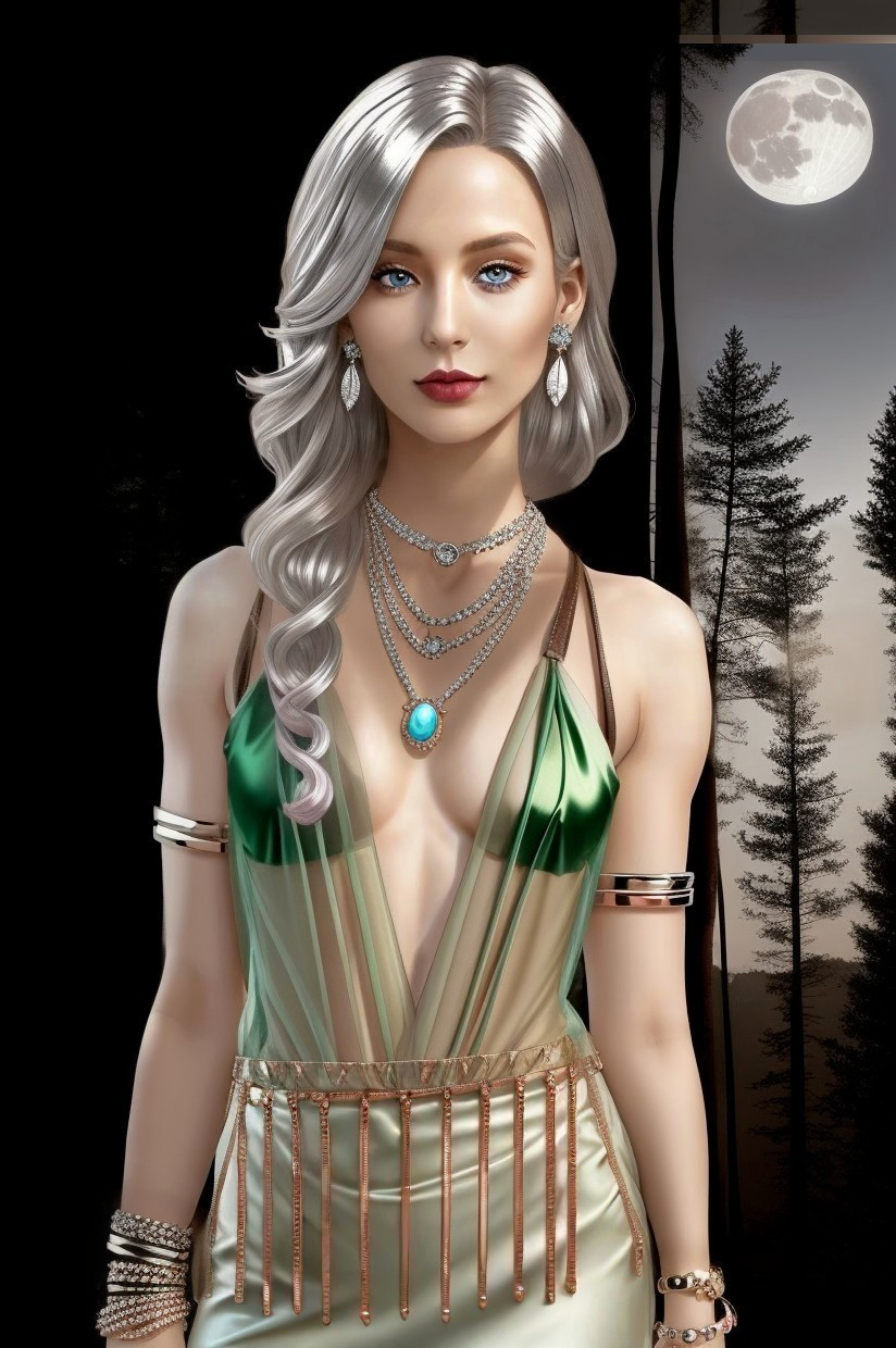 Figure in Elegant Dress Against Dark Forest and Moon
