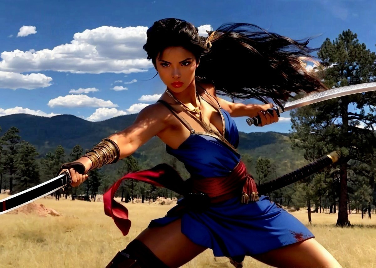 Warrior in Blue Outfit with Dual Swords in Landscape