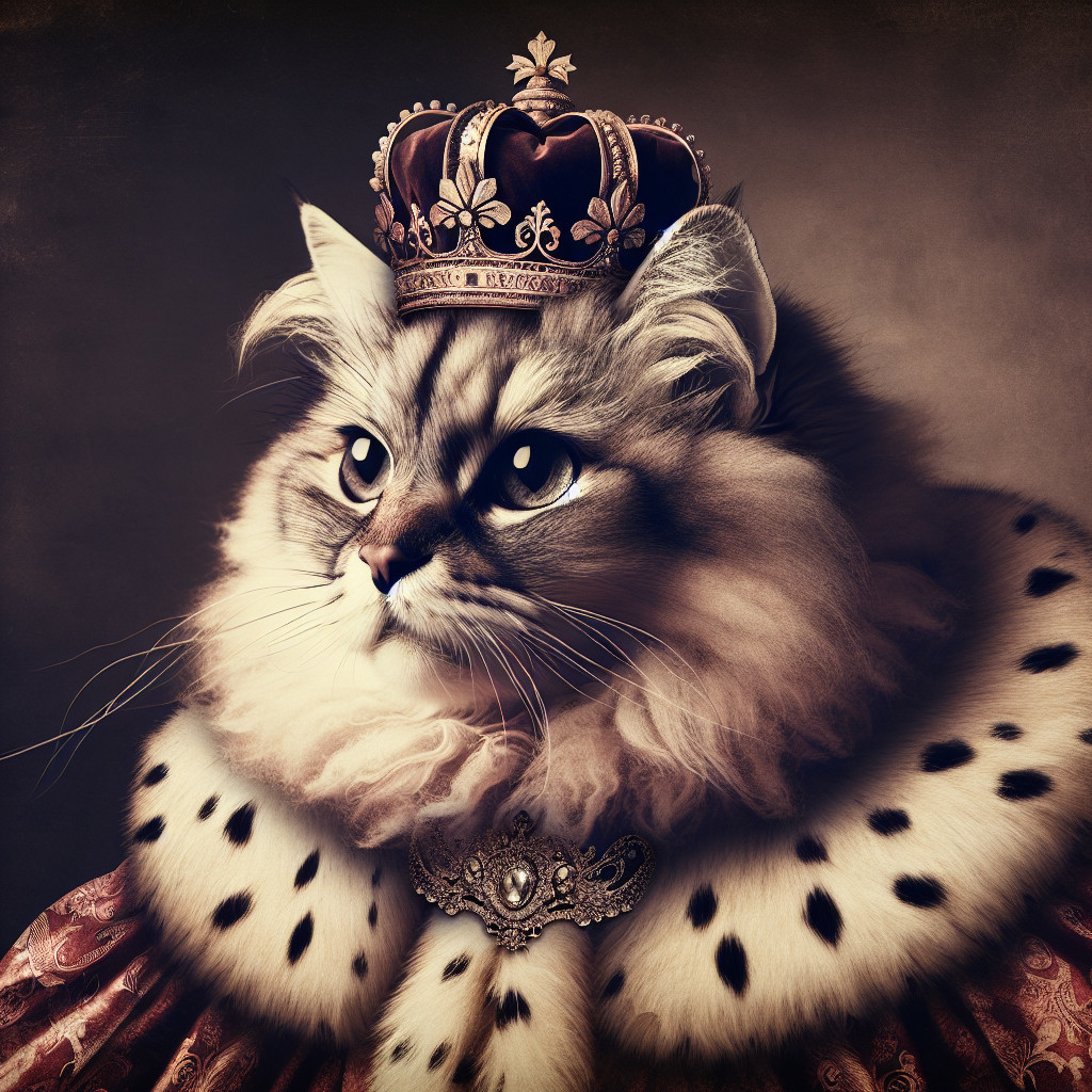 Regal Cat in Crown and Fur-Lined Cloak