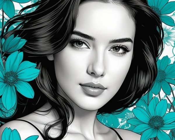 Portrait of a Young Woman with Black Hair and Flowers