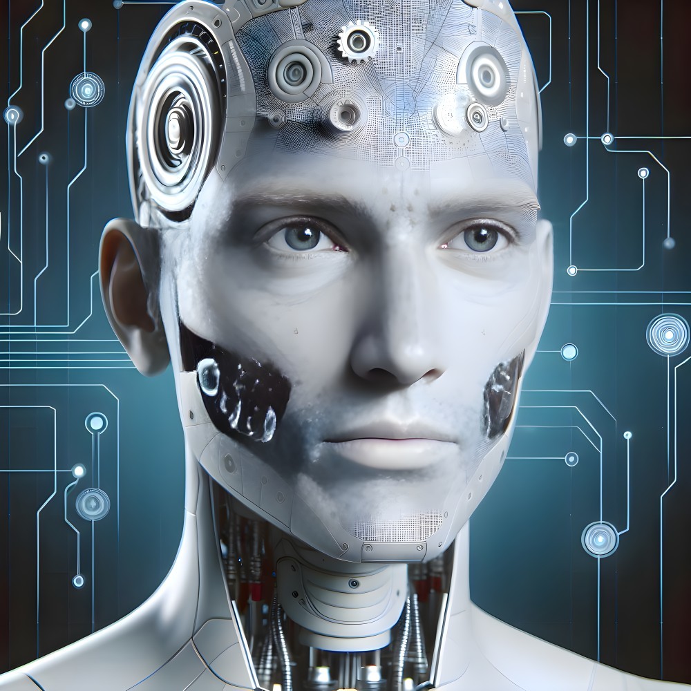 Futuristic humanoid robot with metallic features and circuits