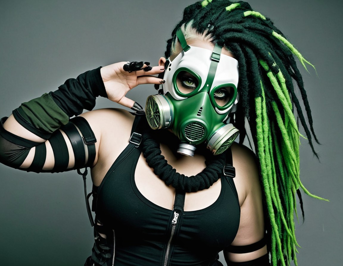 Person with Green and Black Dreadlocks and Gas Mask