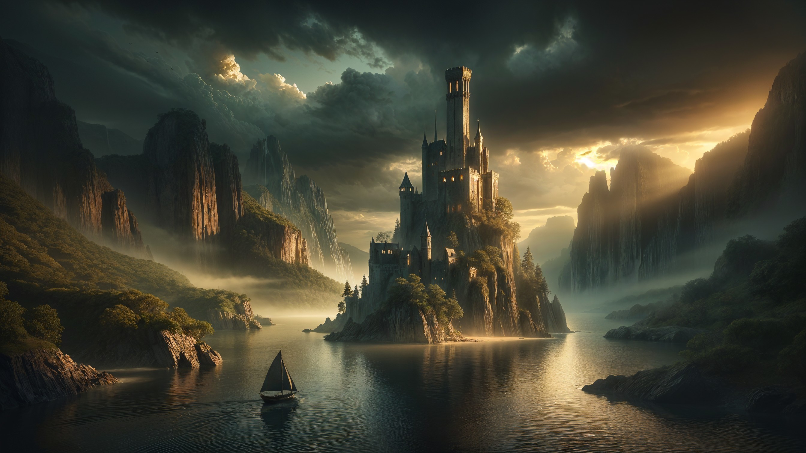 Castle on Rocky Island Surrounded by Misty Waters