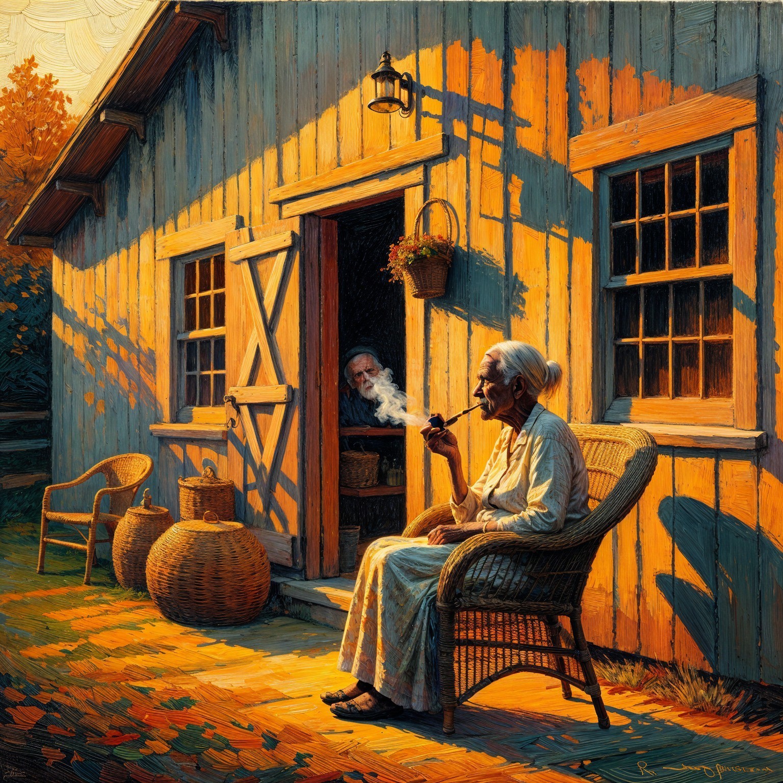 Elderly Woman on Porch at Sunset with Rustic Decor
