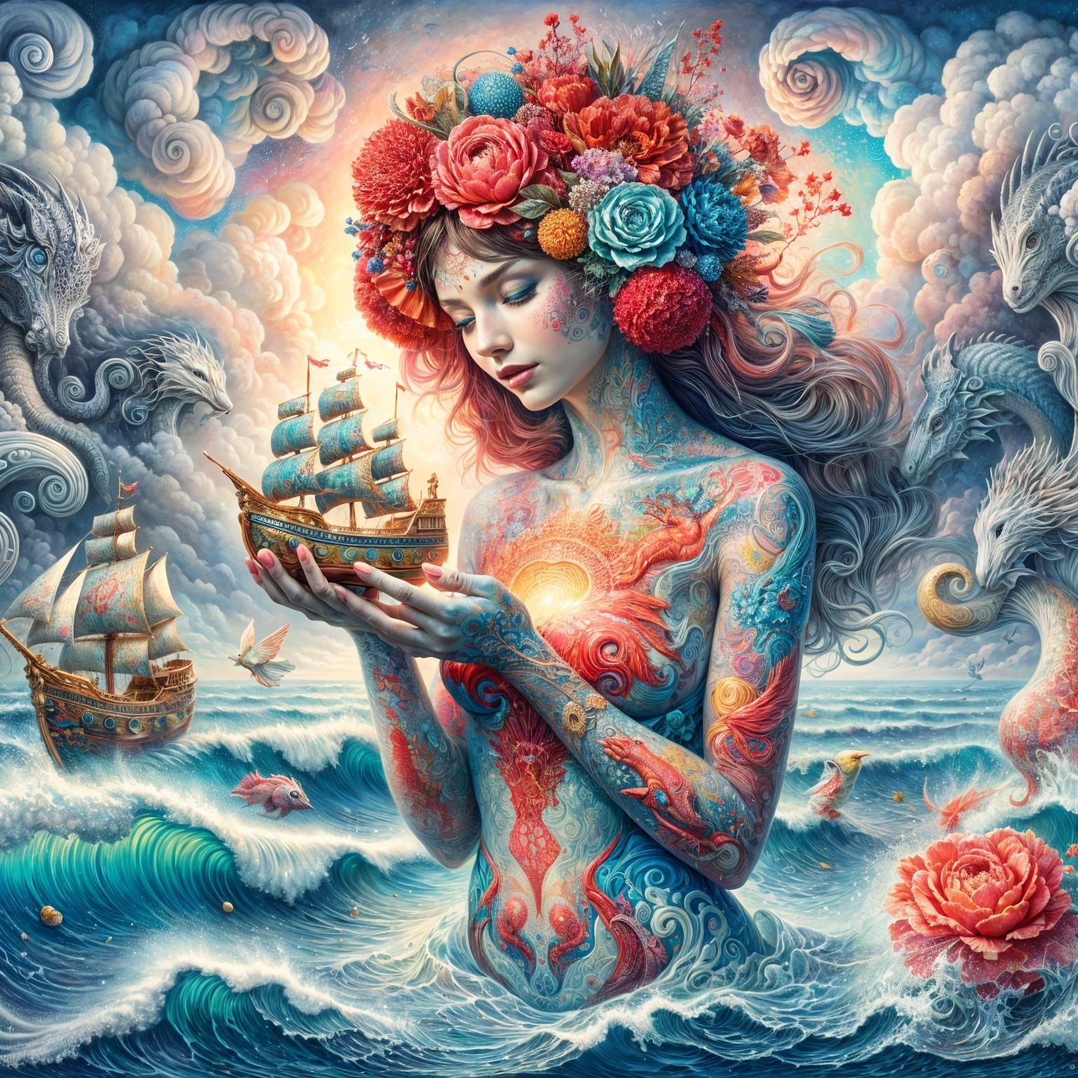 Surreal Scene of Woman with Floral Hair and Ocean Waves