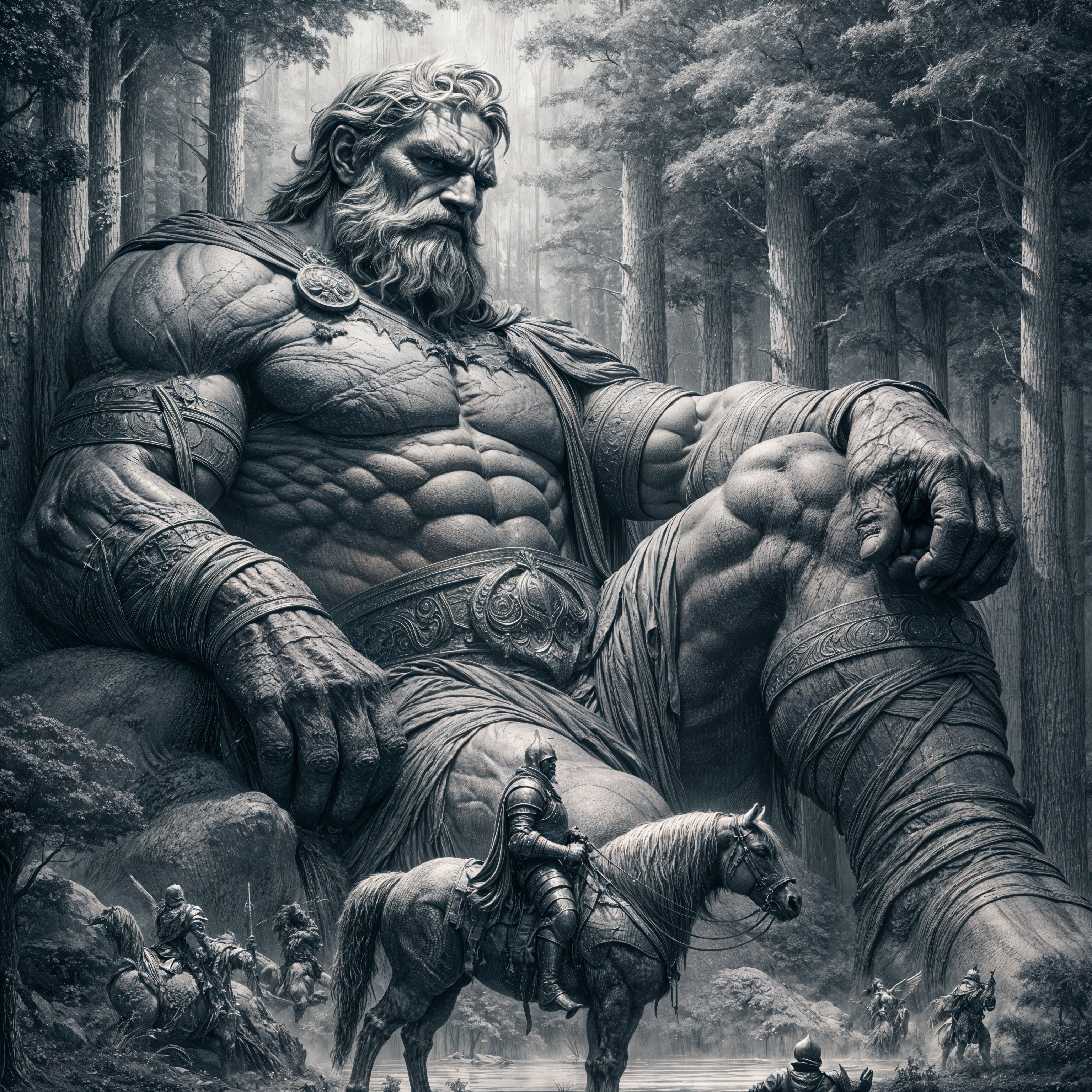 Colossal Warrior Among Knights in Dramatic Gray Scene