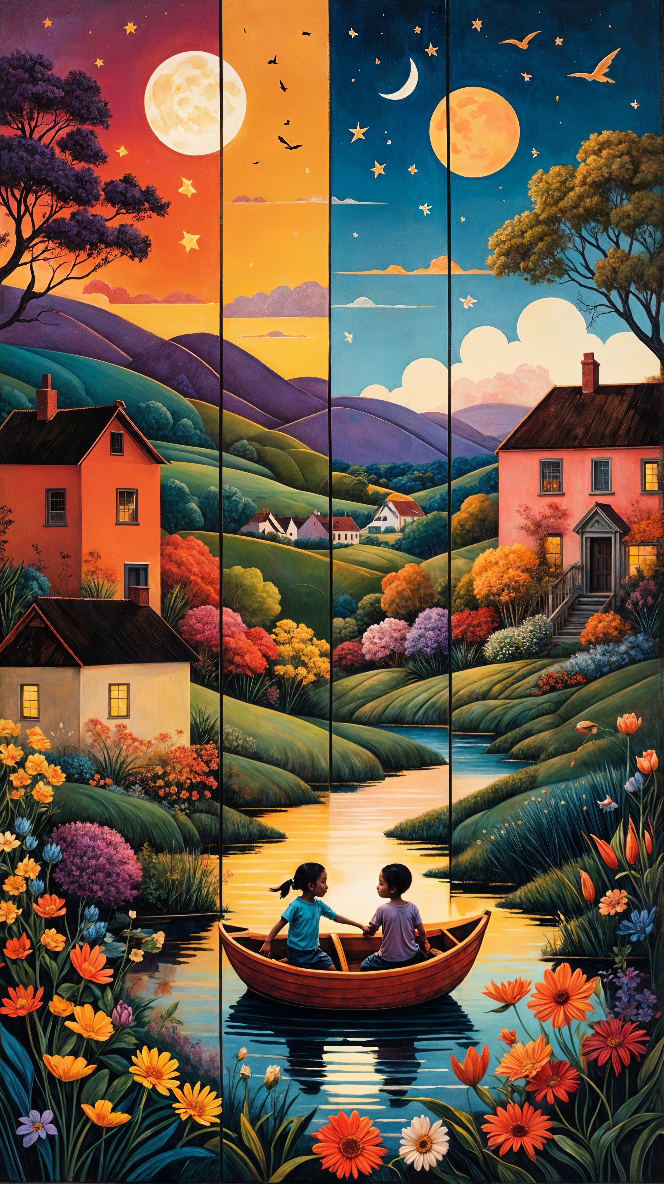 Children in a red boat on a serene river landscape