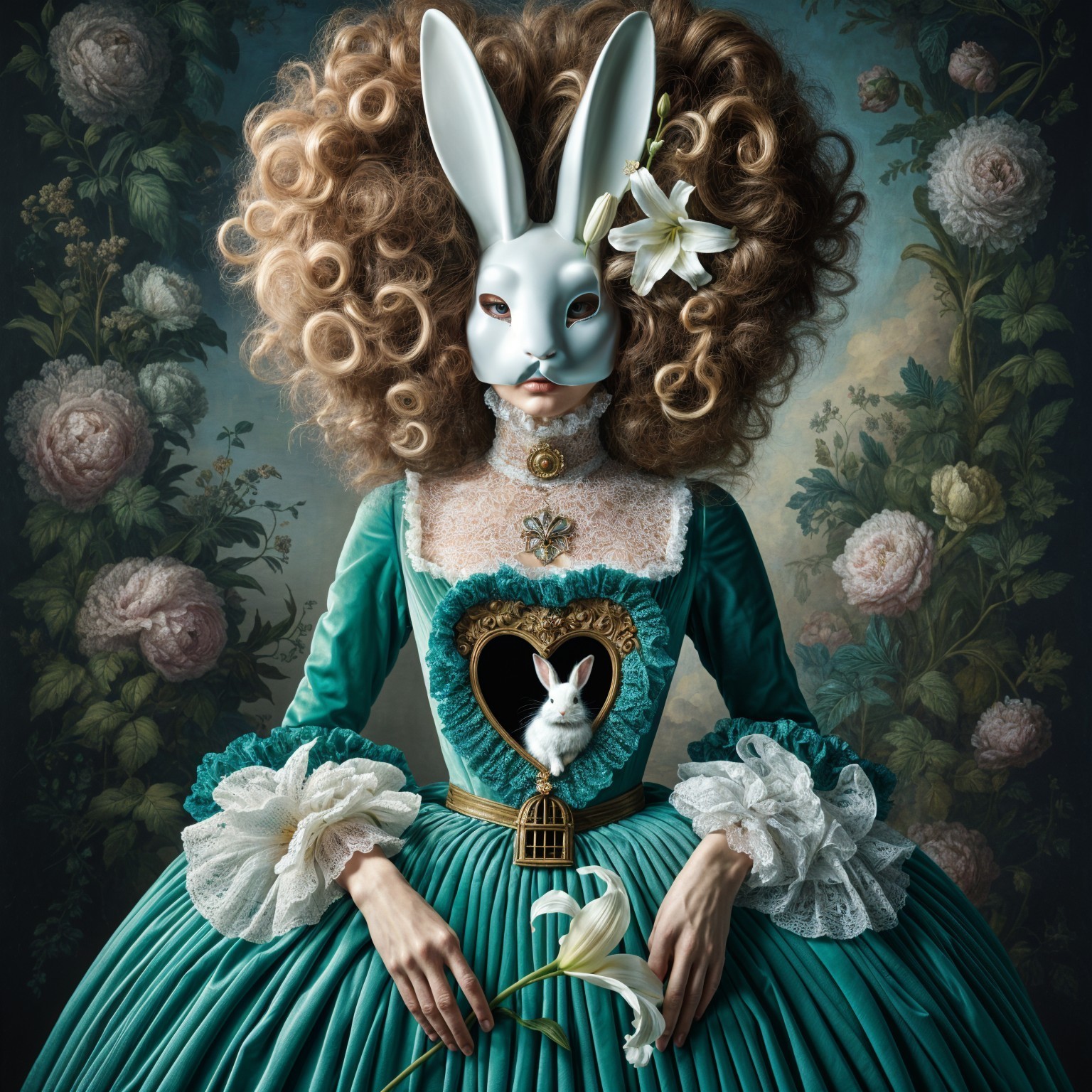 Surreal Figure in Turquoise Gown with Rabbit Mask