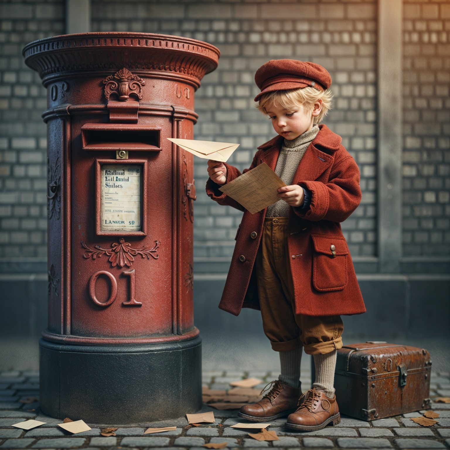 Young Boy with Letter by Vintage Postal Box