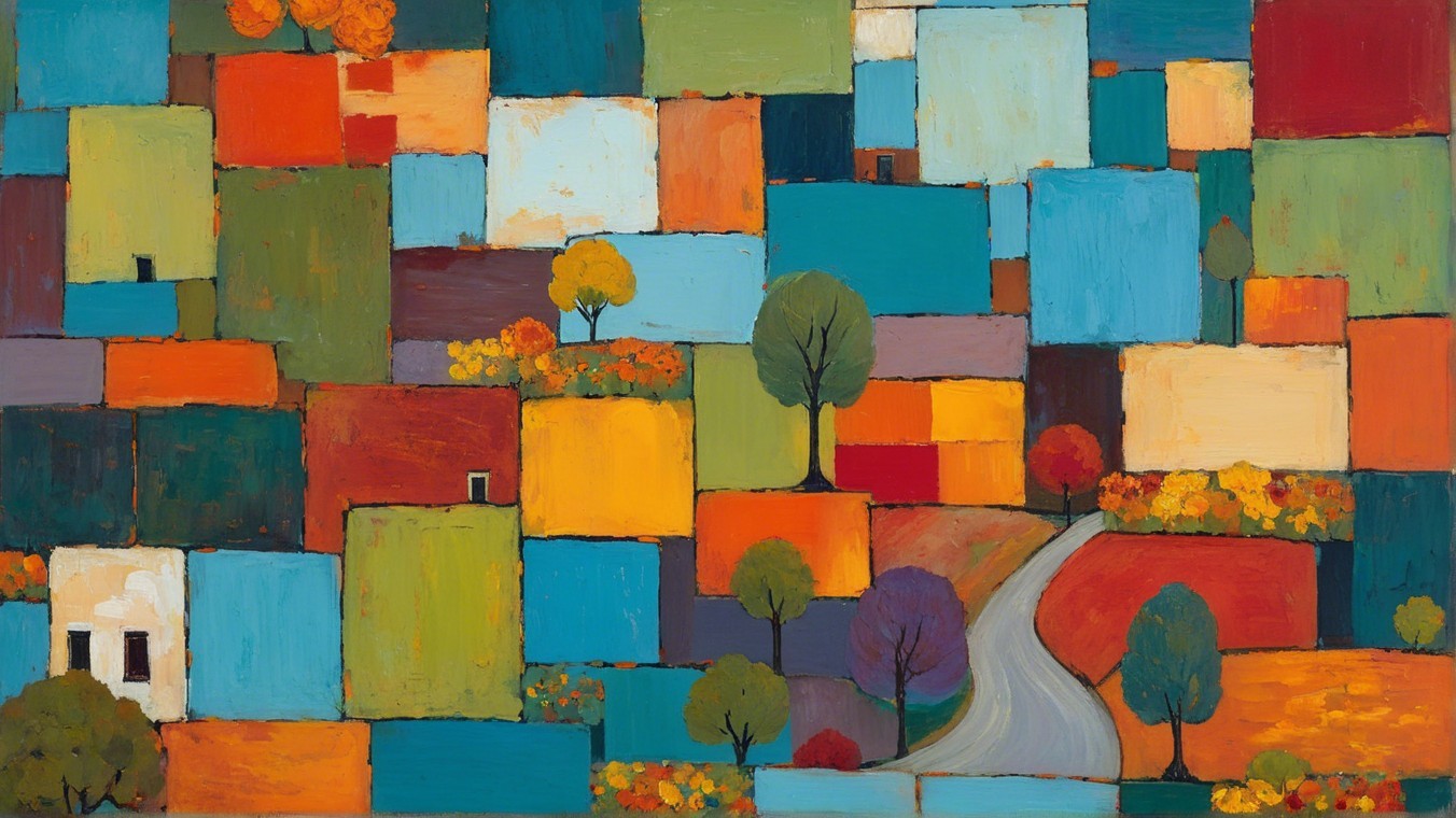Vibrant Abstract Landscape with Colorful Patchwork Squares