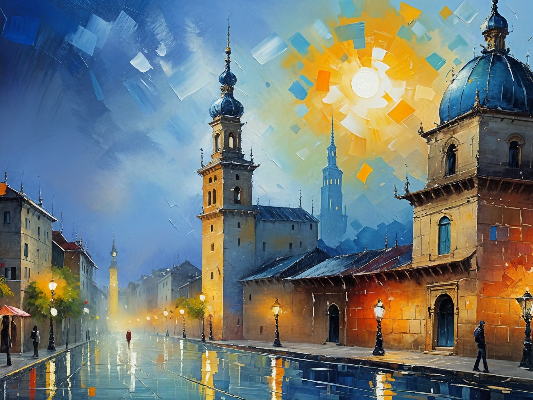 Urban Dawn Scene with Historic Buildings and Vibrant Sky