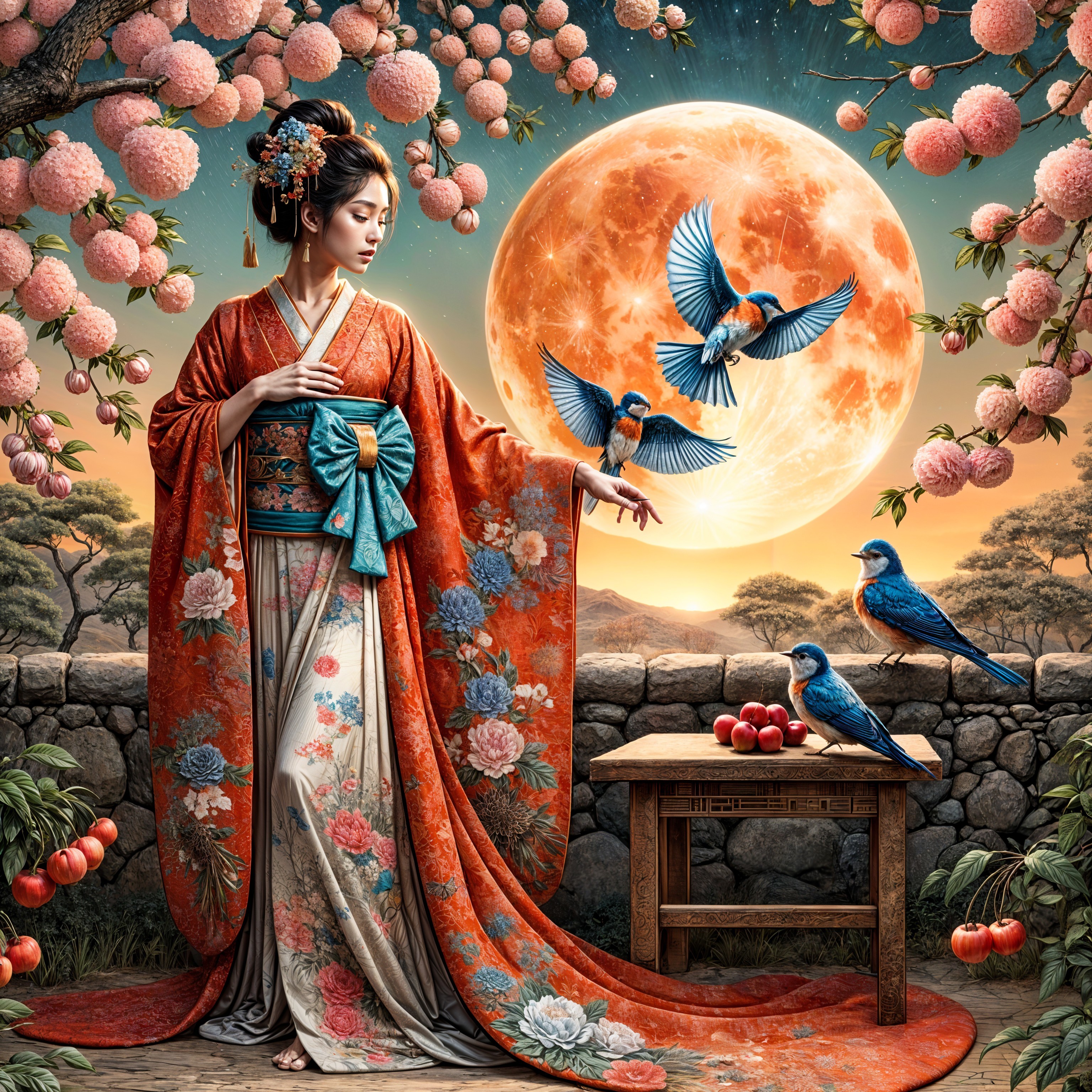 Woman in Orange Kimono Amidst Cherry Blossoms and Moon