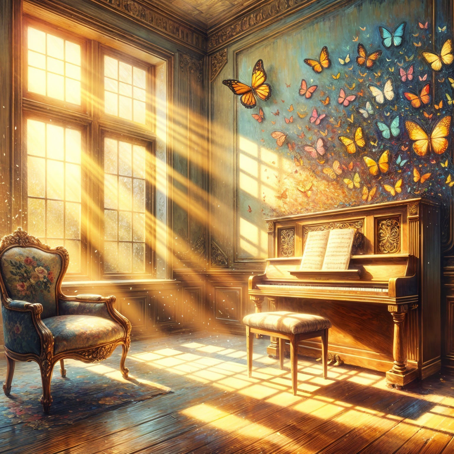 Sunlit Room with Vintage Piano and Butterflies