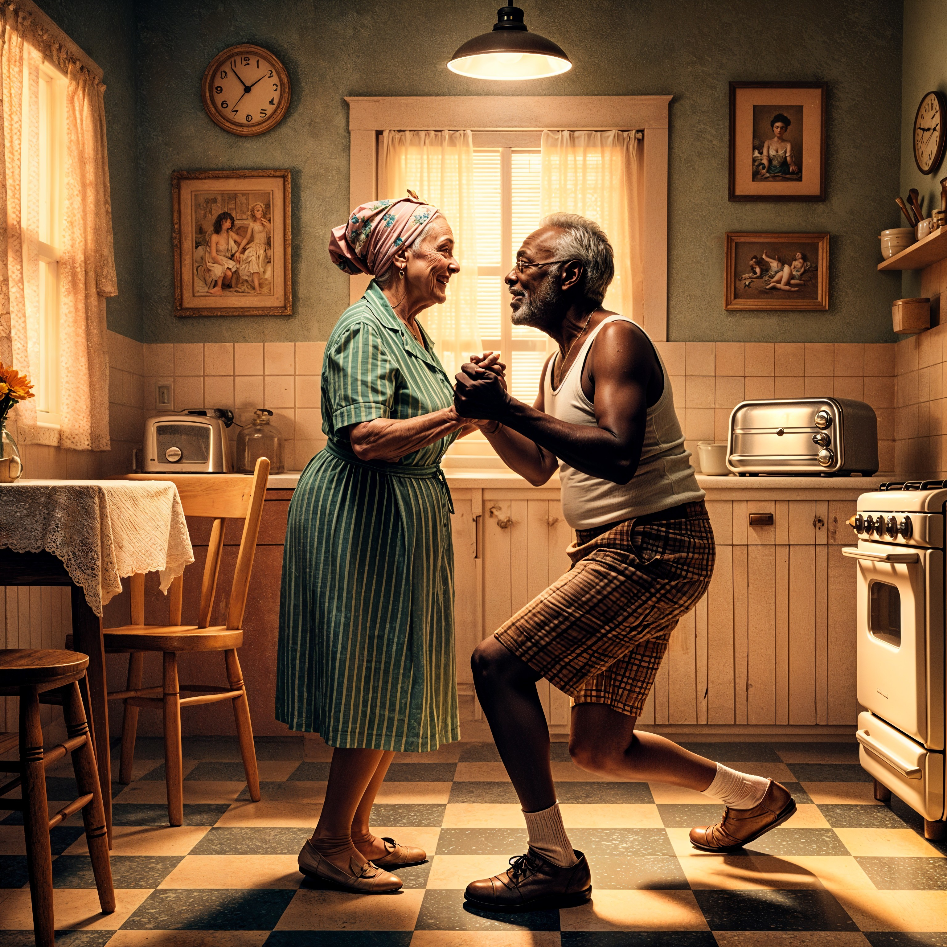 Elderly Couple Dancing in a Nostalgic Kitchen Setting