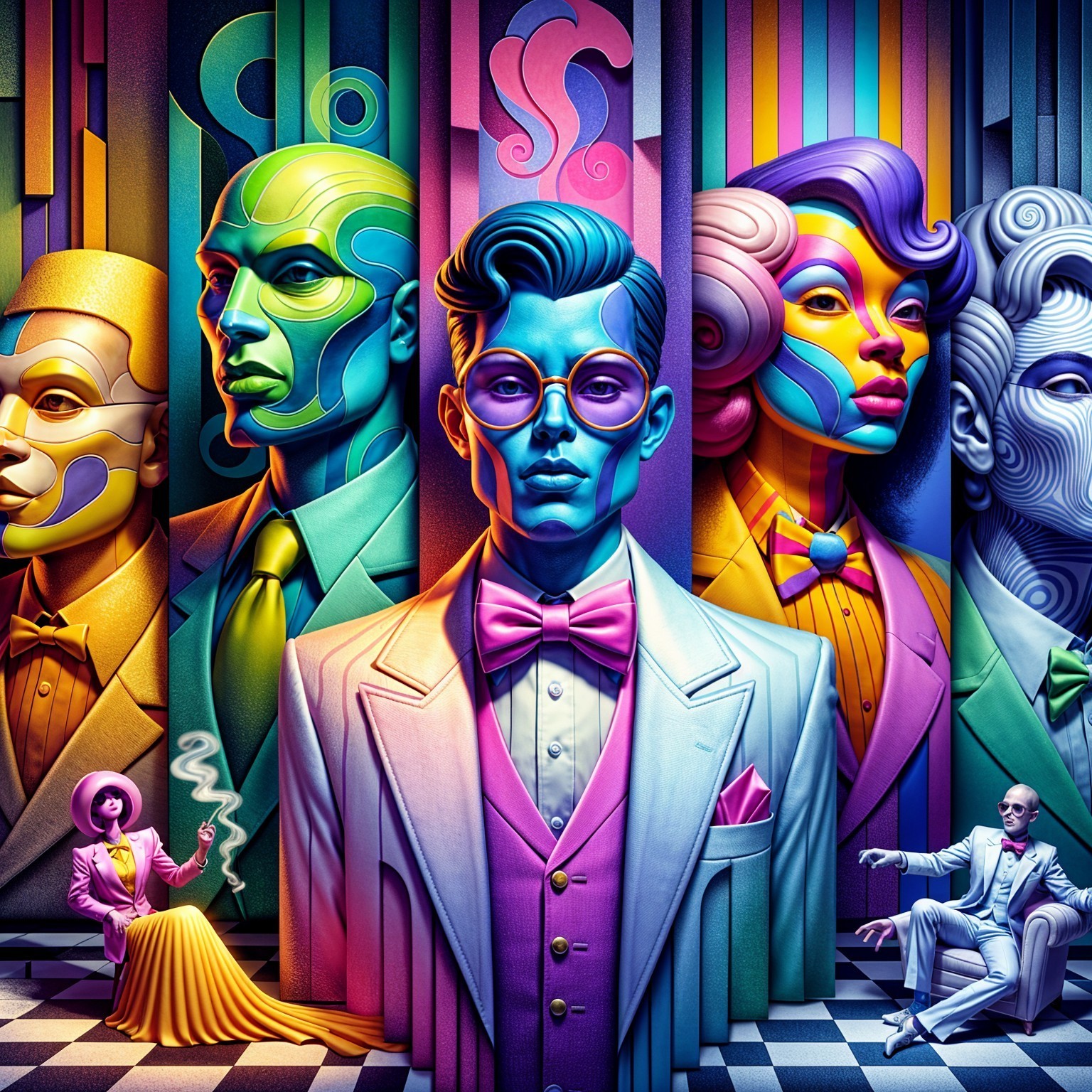 Vibrant Surreal Display of Stylized Figures and Colors