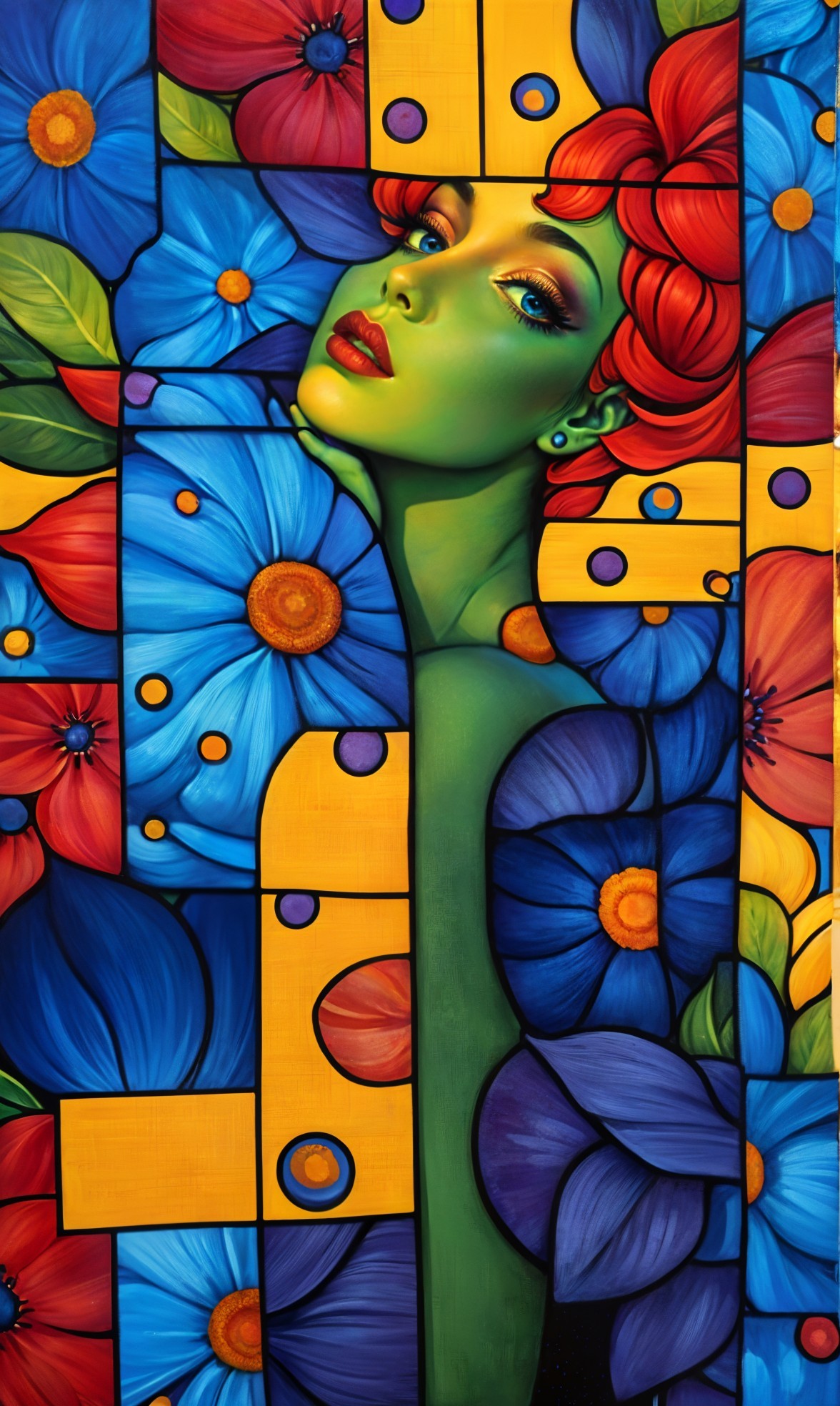 Vibrant Portrait of a Woman with Green Skin and Flowers