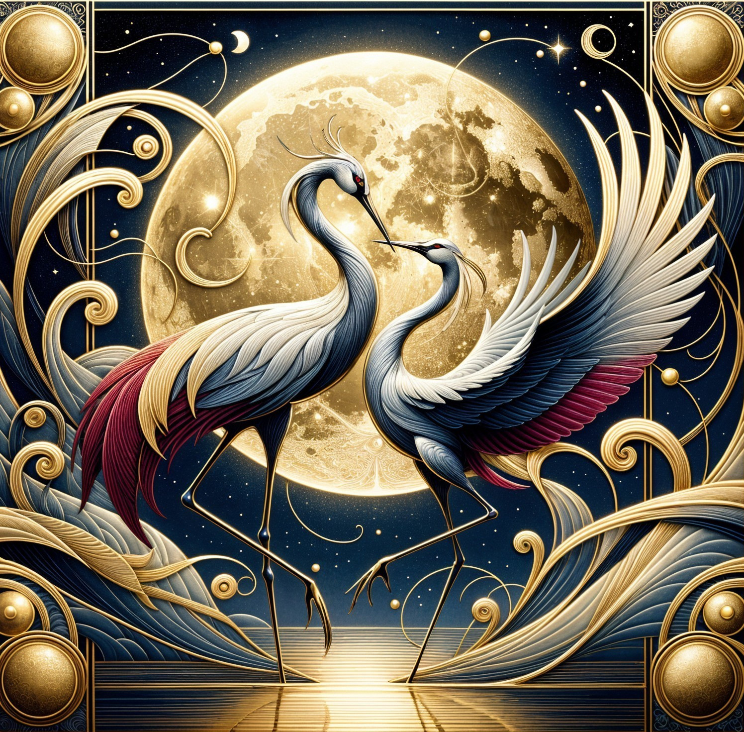 Cranes Under Full Moon in Mystical Serene Scene