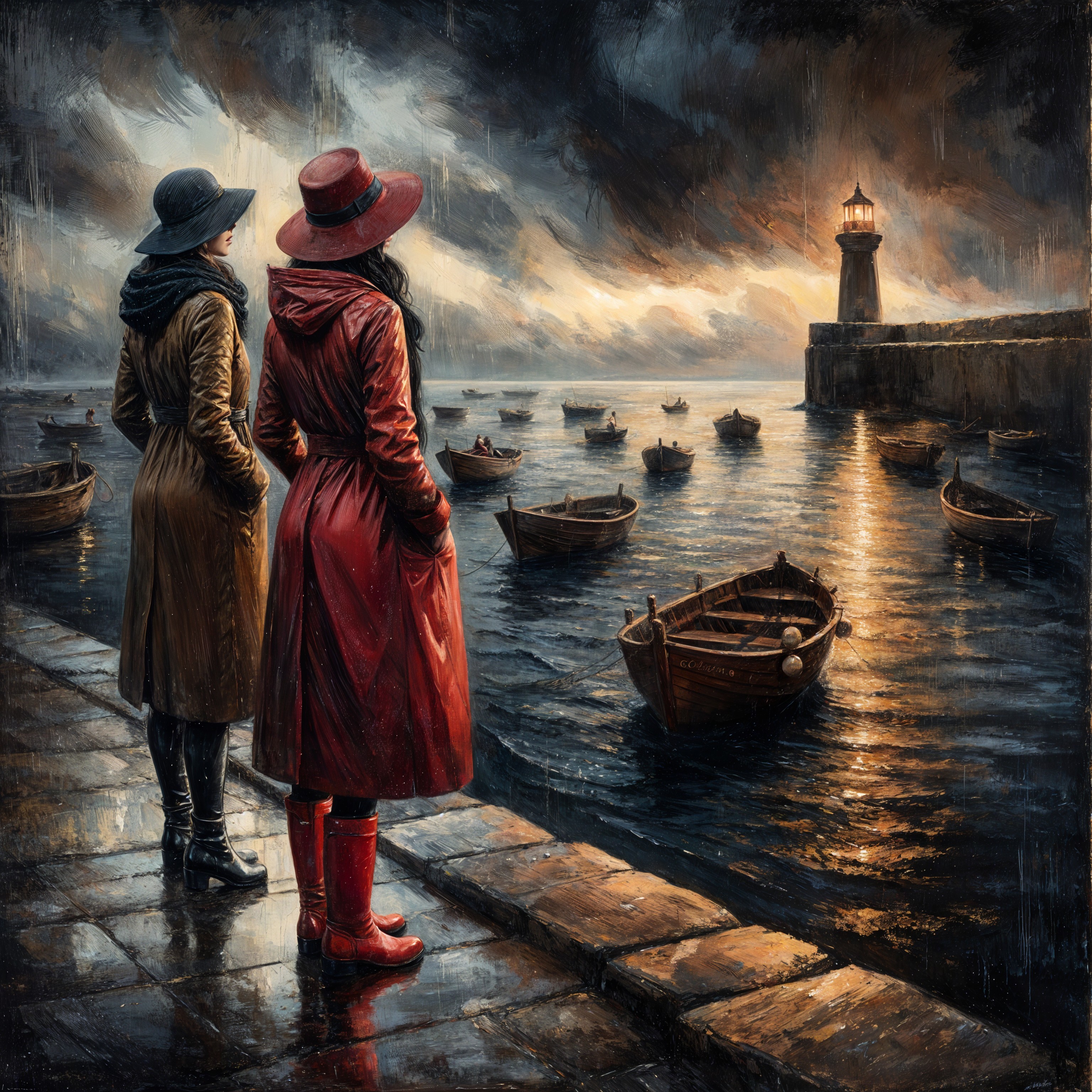 Seaside Scene with Women and Lighthouse at Dusk