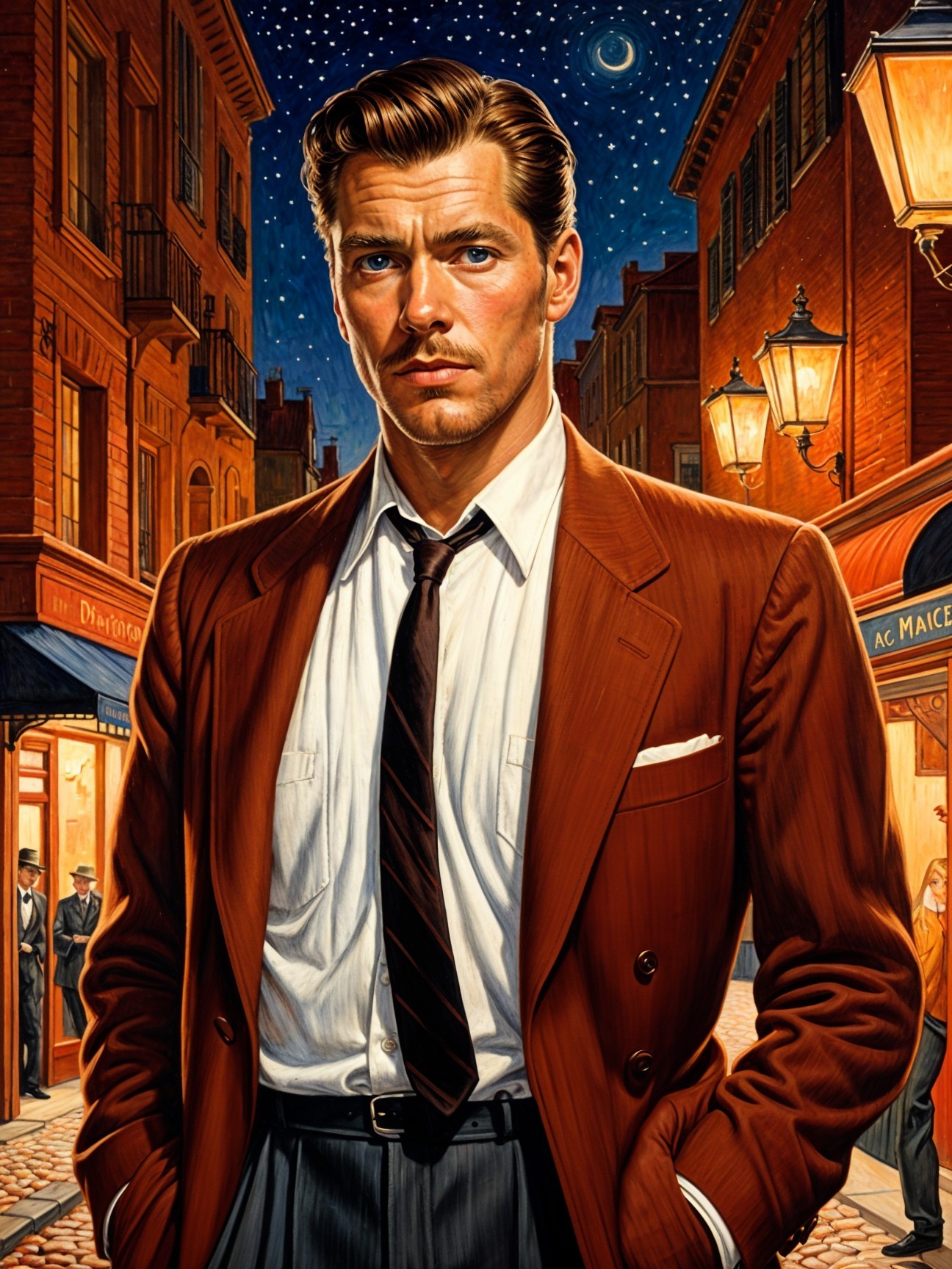 Sophisticated Man in Vintage Night Street Scene