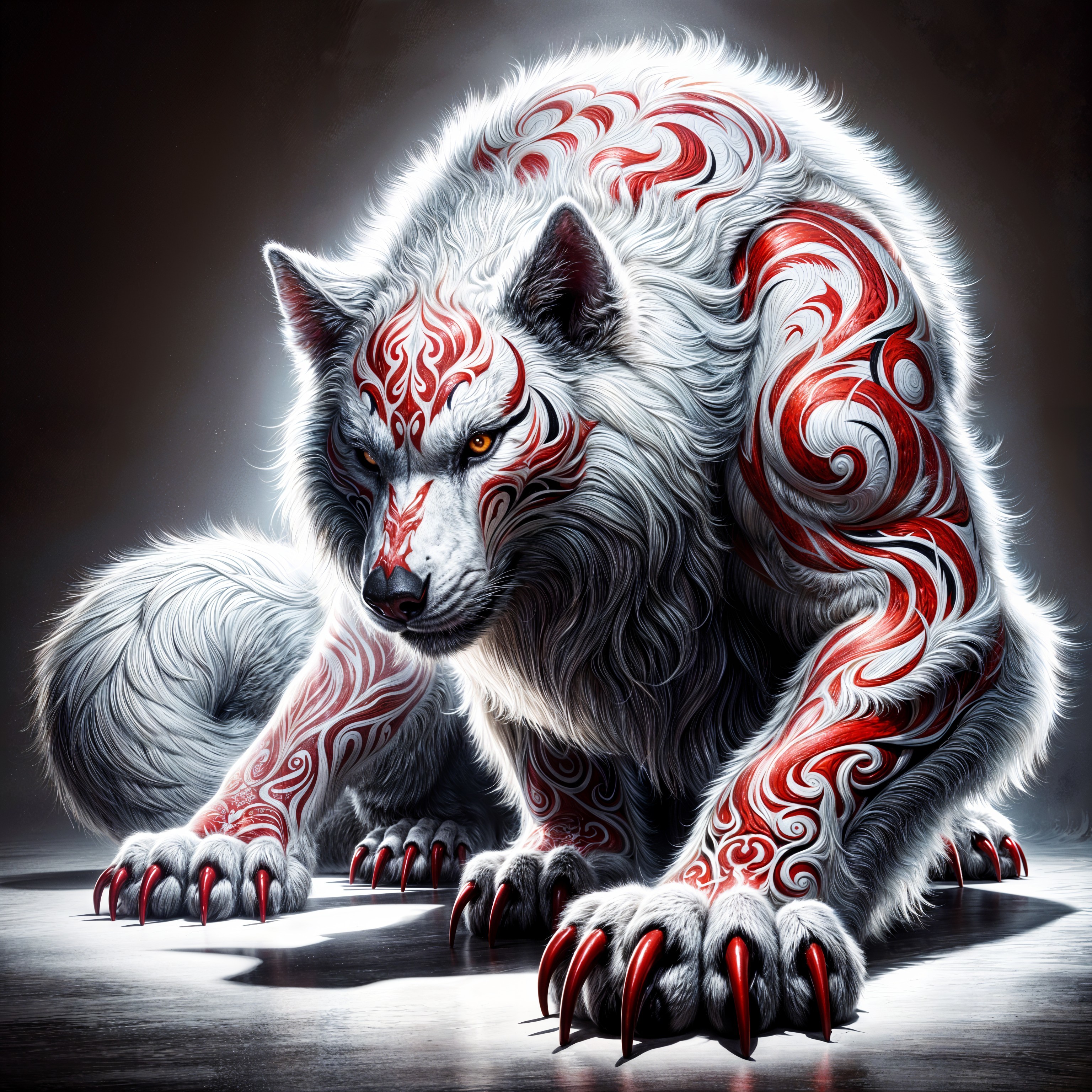 Stylized Wolf with Tribal Tattoos and Dramatic Lighting