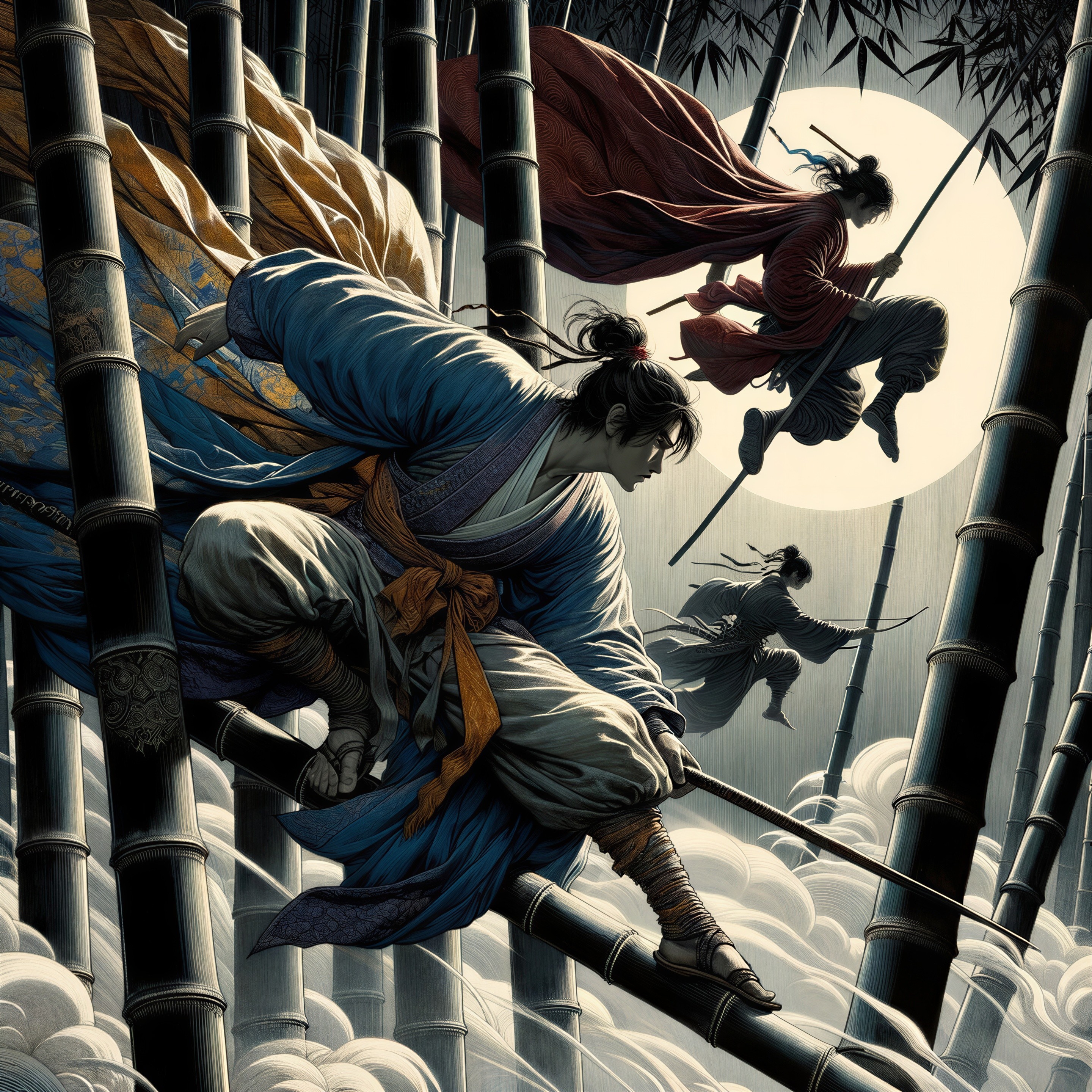 Agile Figures in a Mystical Bamboo Forest Scene