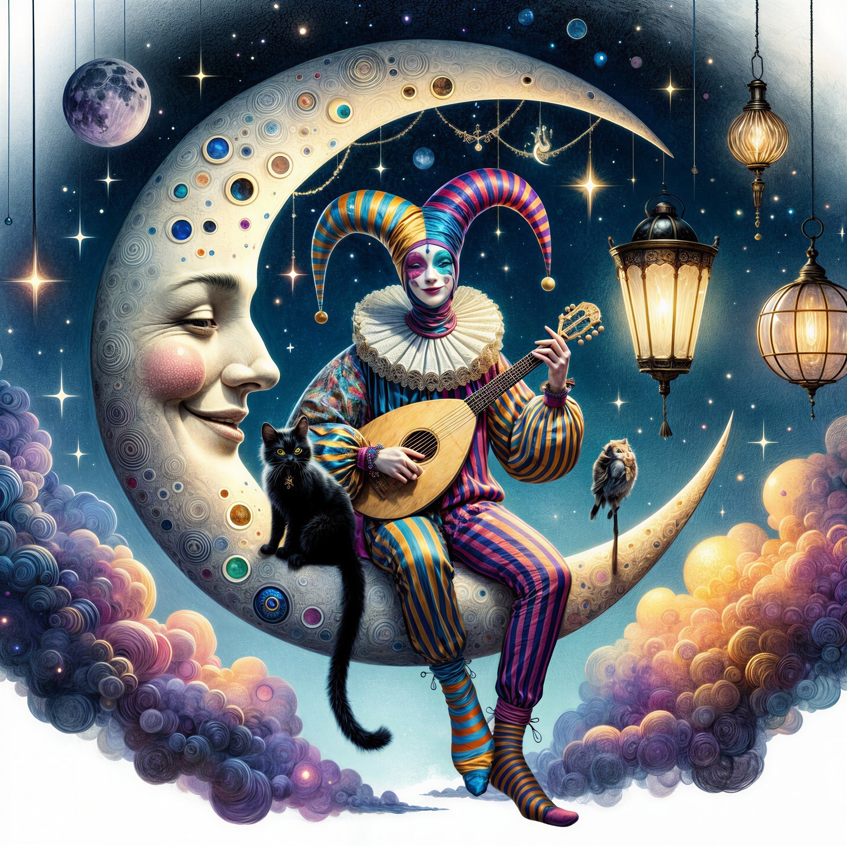 Whimsical Jester on Crescent Moon with Celestial Elements
