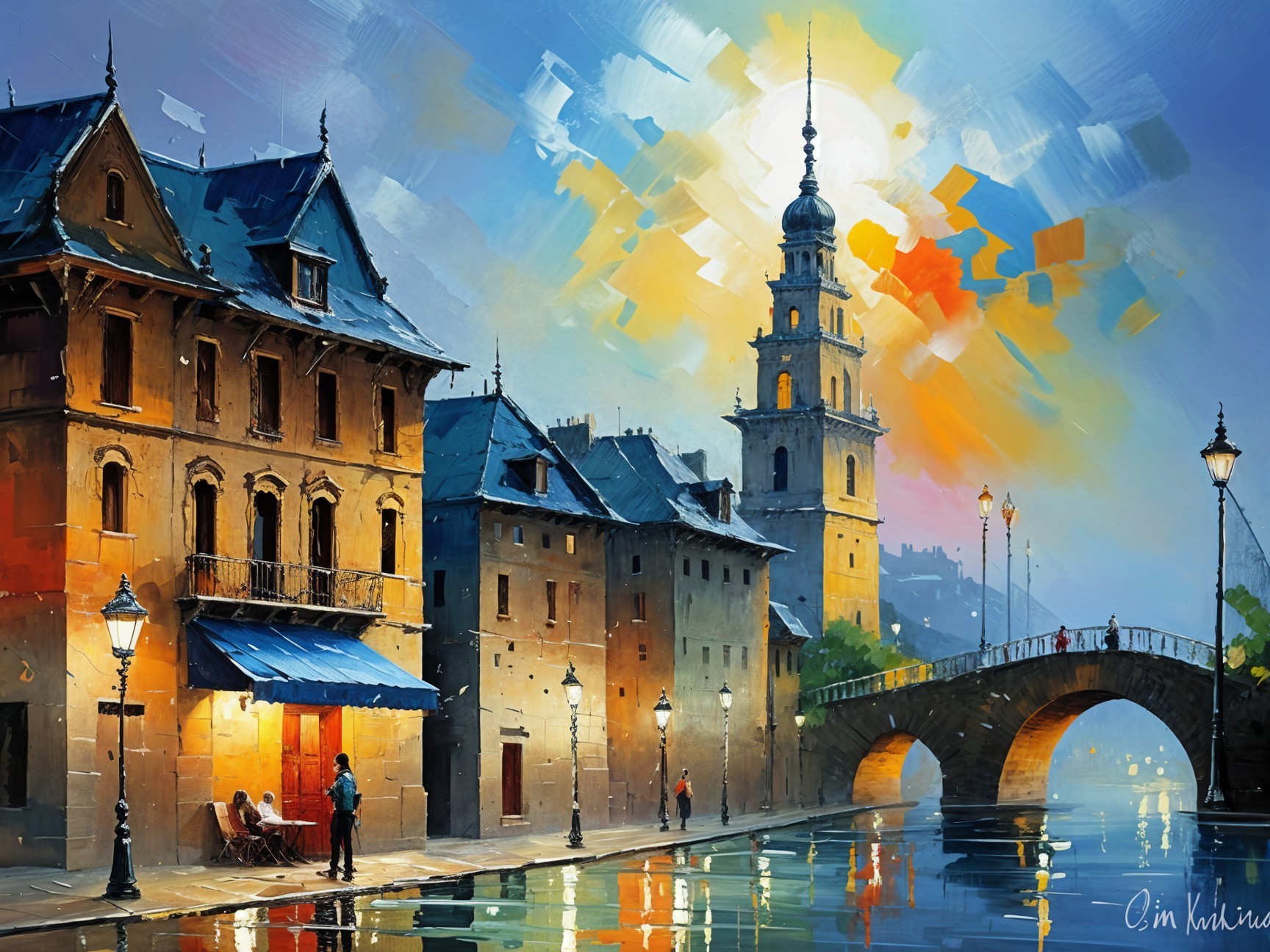 Riverside Scene with Quaint Buildings and Clock Tower