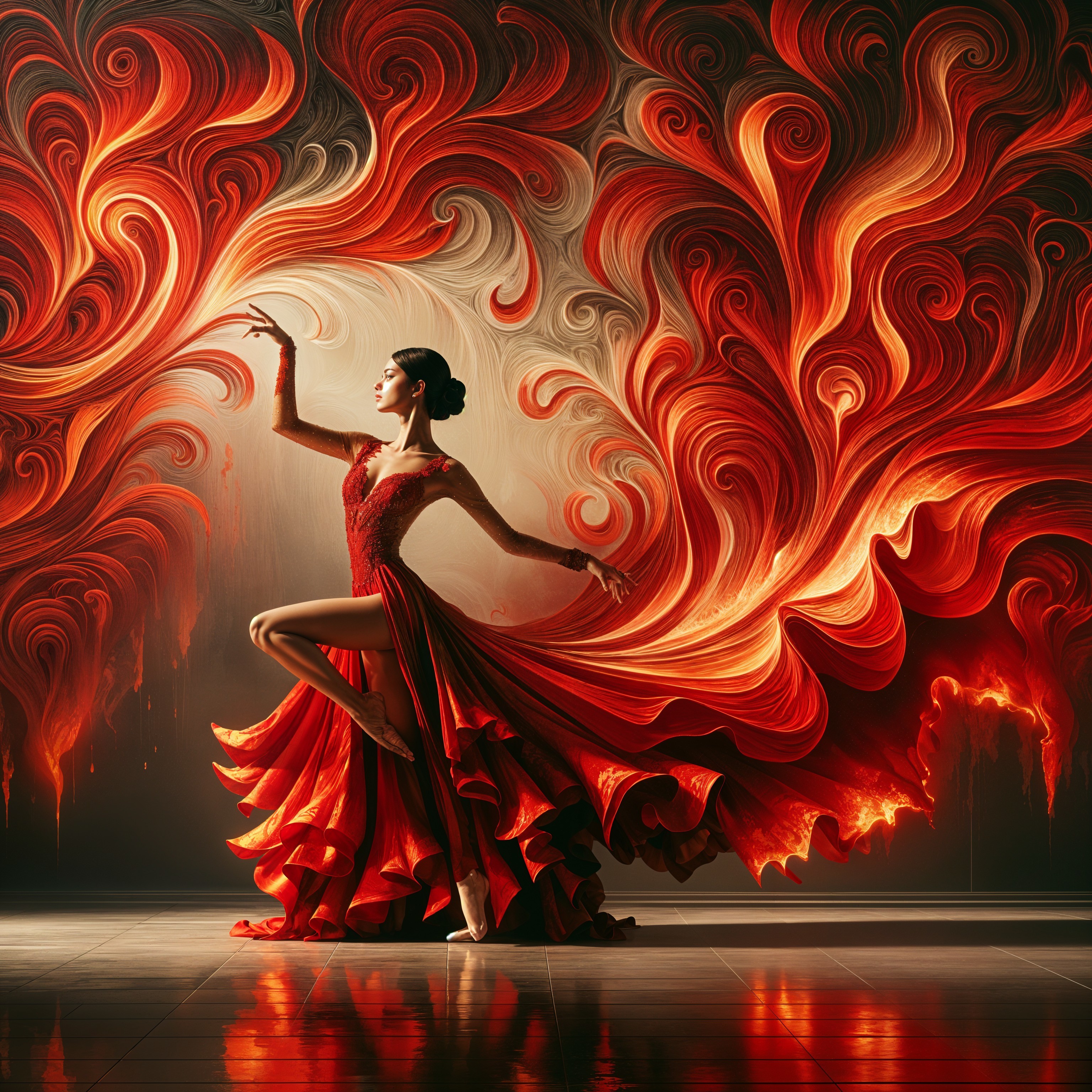 Ballerina in Red Gown Against Vibrant Fire-Inspired Background
