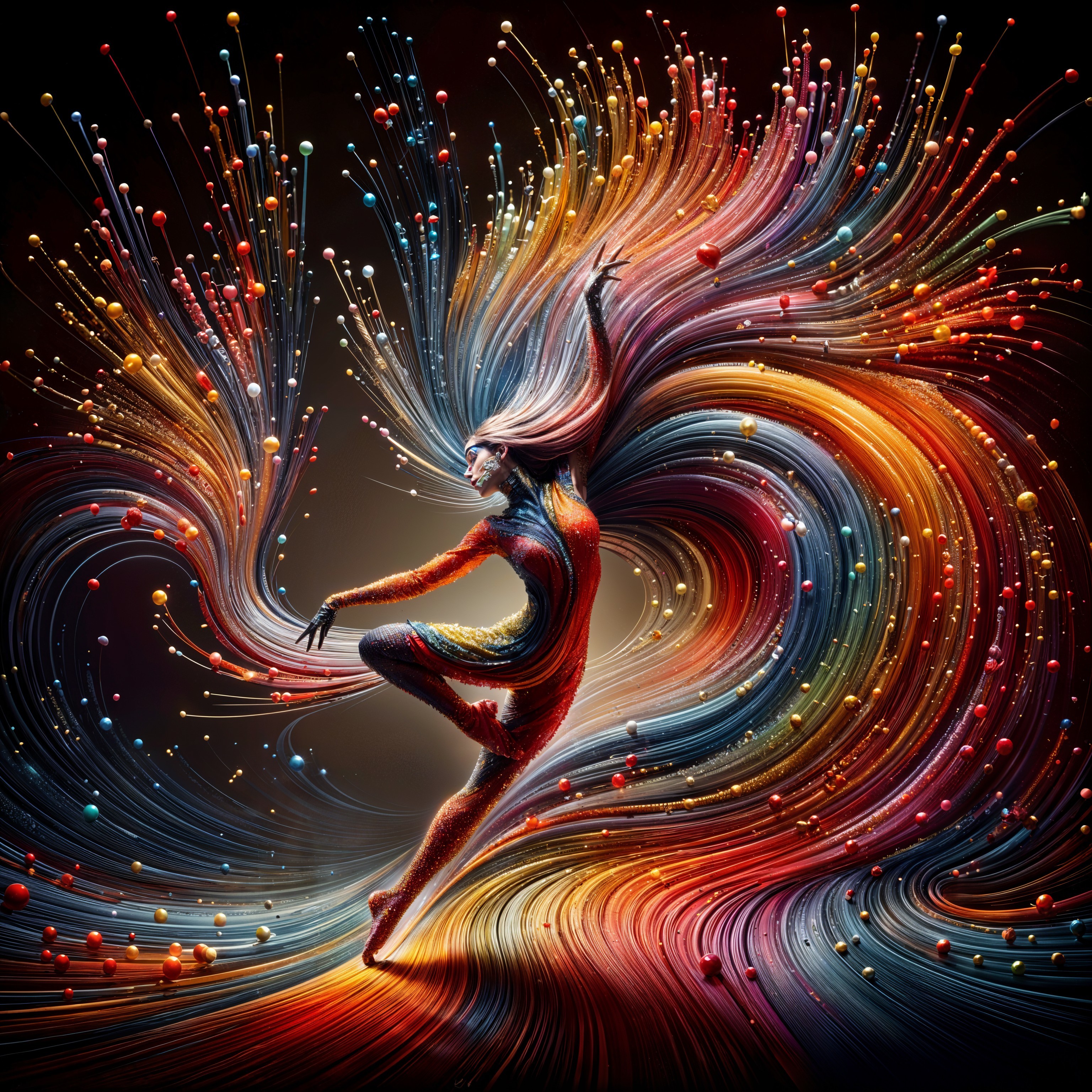 Dynamic Dance Amidst Colorful Strands and Spheres