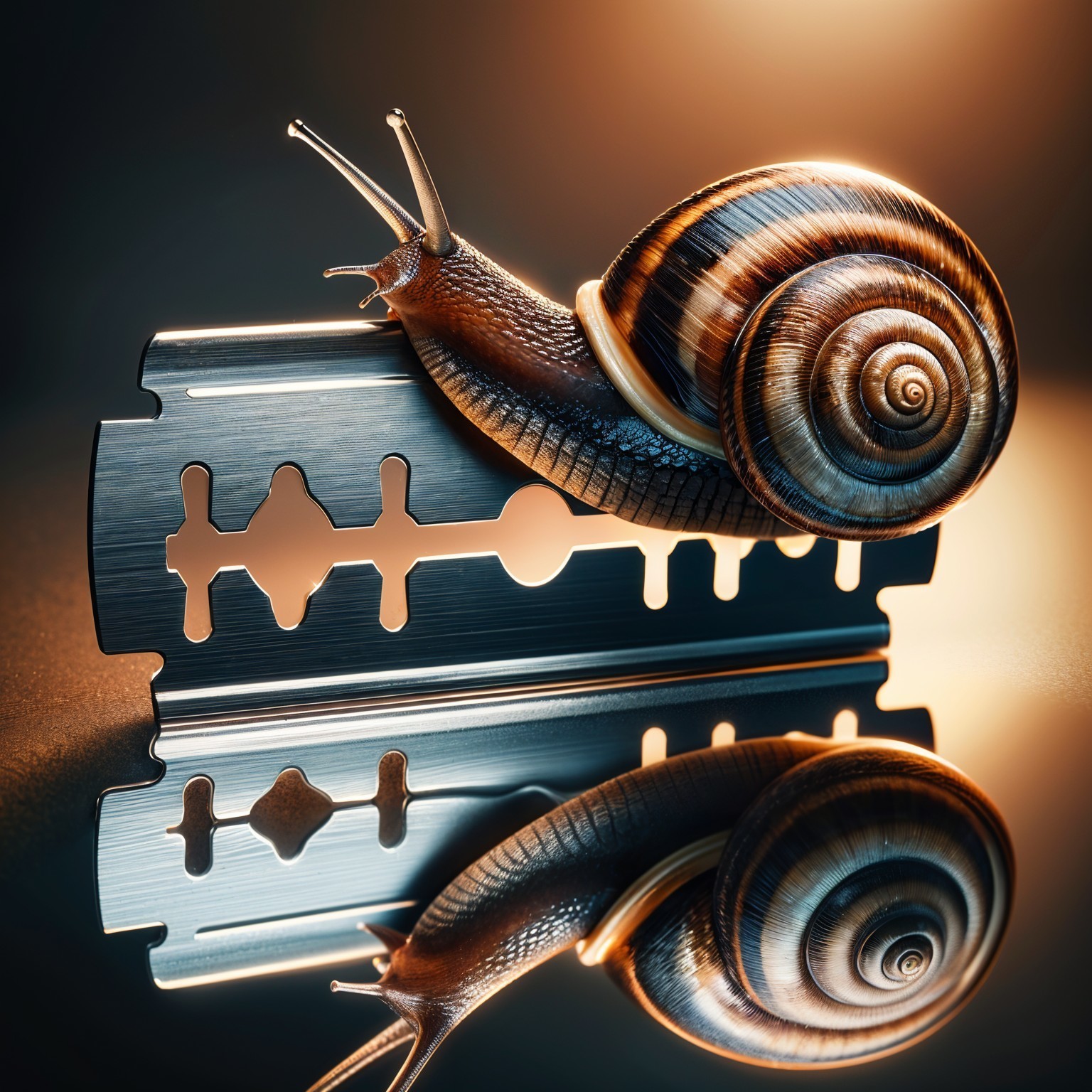 Snail on Metallic Razor Blade with Reflective Contrast