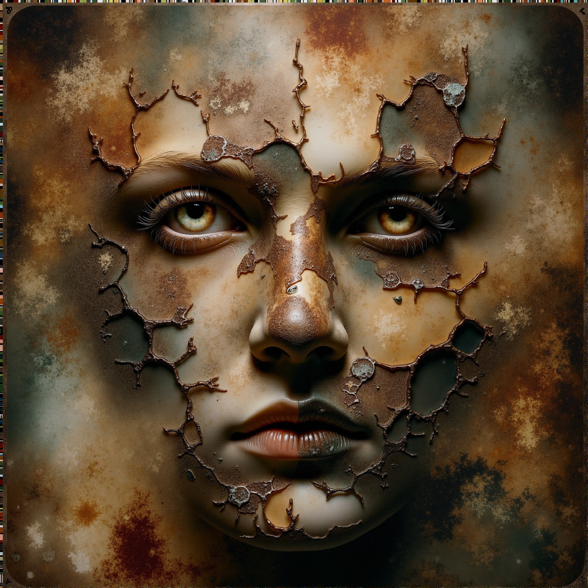 Portrait of a Face with Cracked Rust-Like Textures