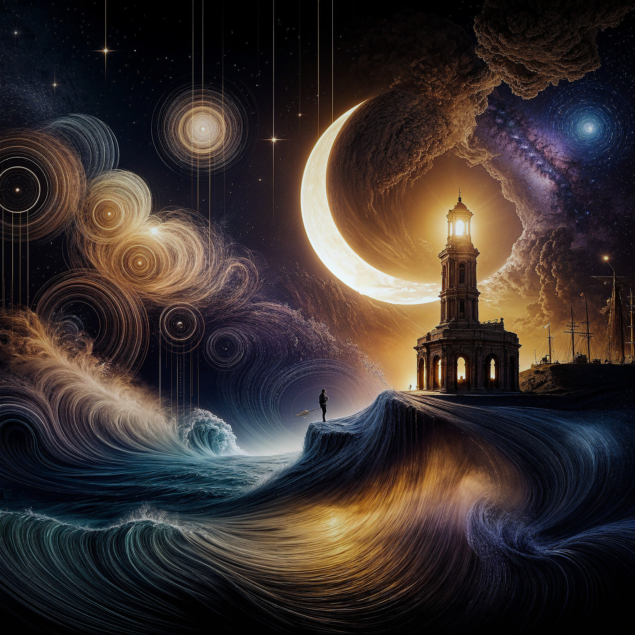 Surreal Landscape with Lighthouse and Cosmic Elements