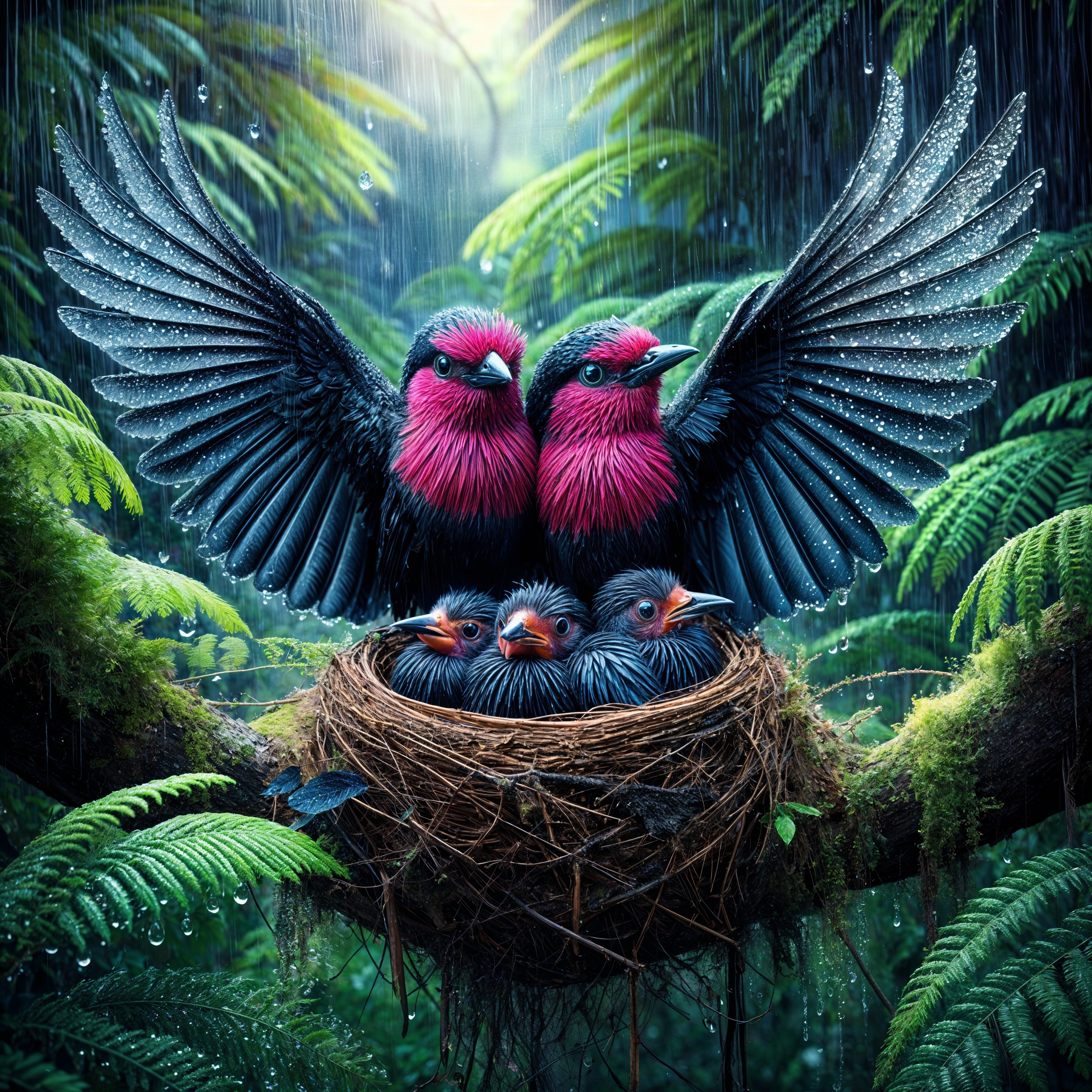 Vivid Birds Nurturing Fledglings in Rainforest Nest